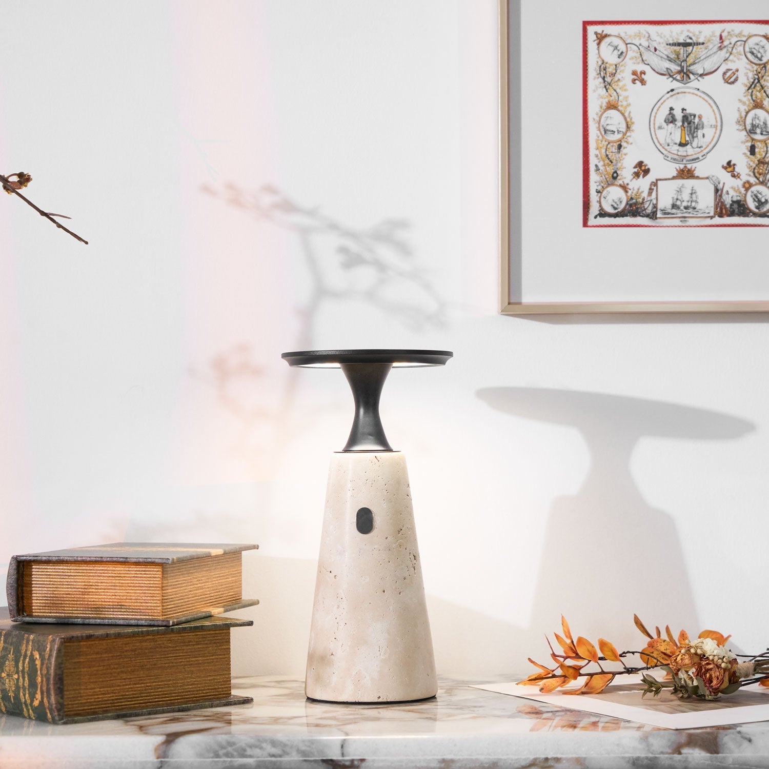 Vespera Sculptural Travertine Table Lamp-Neutral Decor