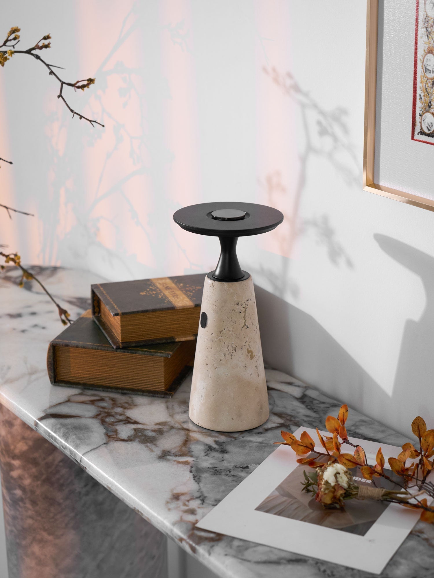 Vespera Sculptural Travertine Table Lamp-Neutral Decor