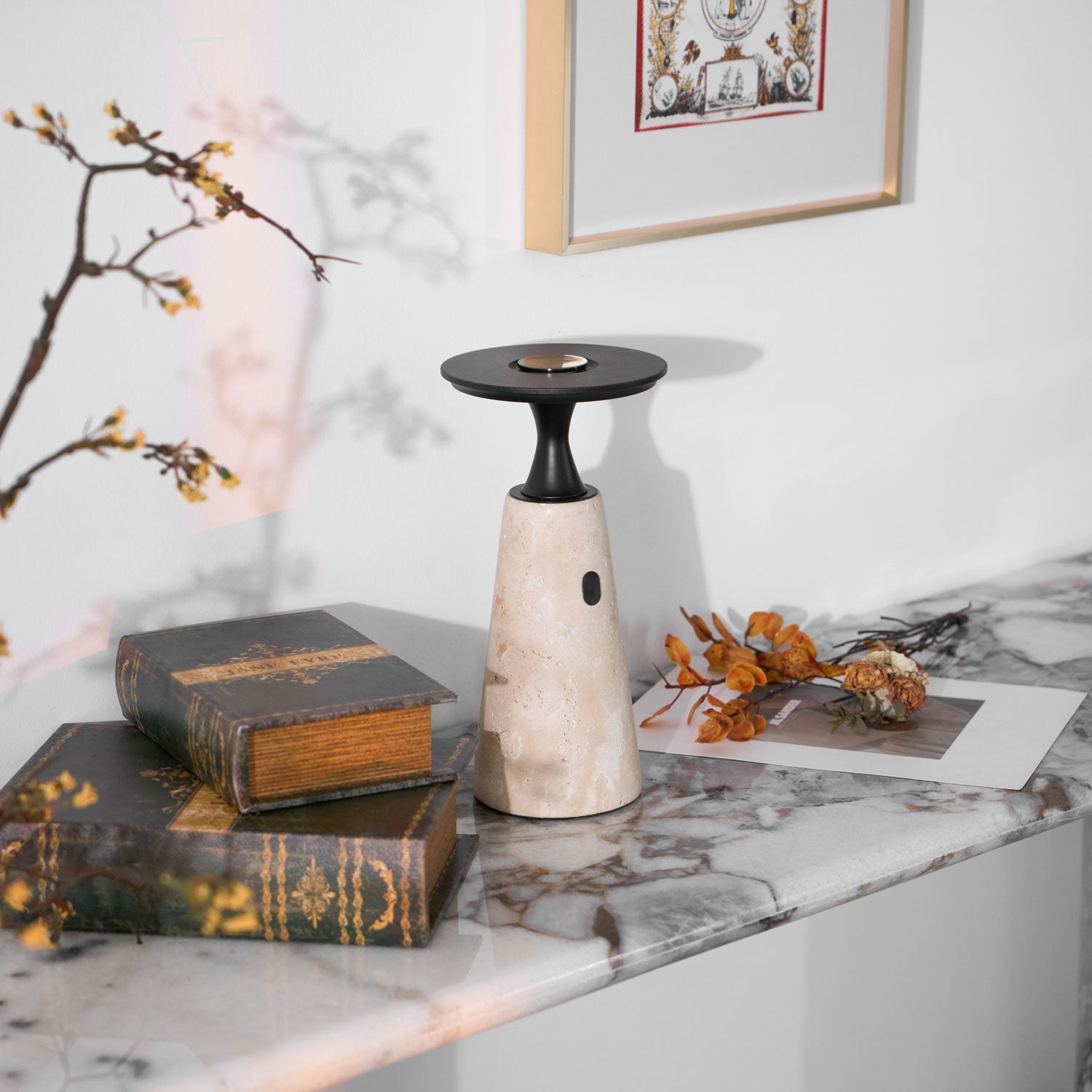 Vespera Sculptural Travertine Table Lamp-Neutral Decor