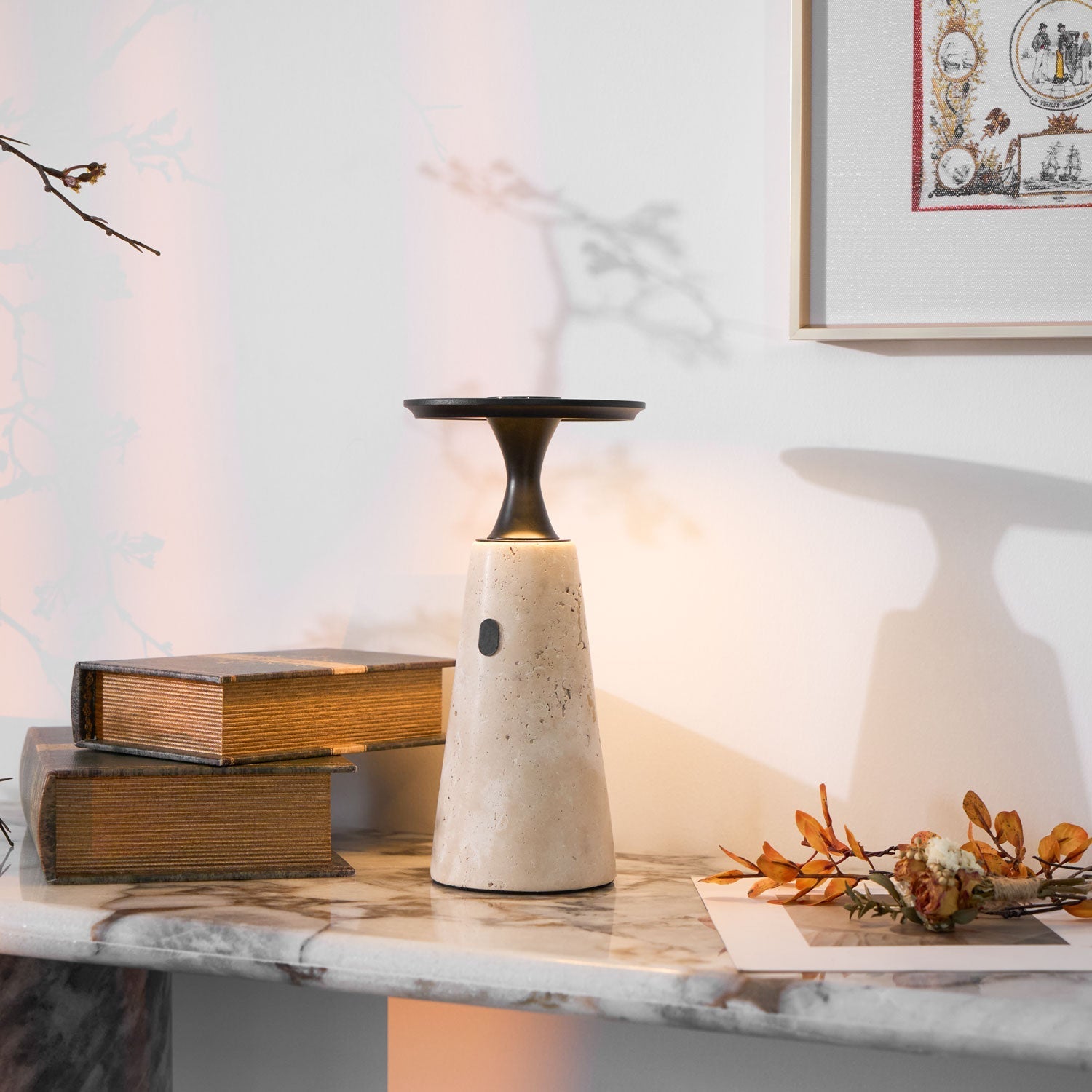 Vespera Sculptural Travertine Table Lamp-Neutral Decor