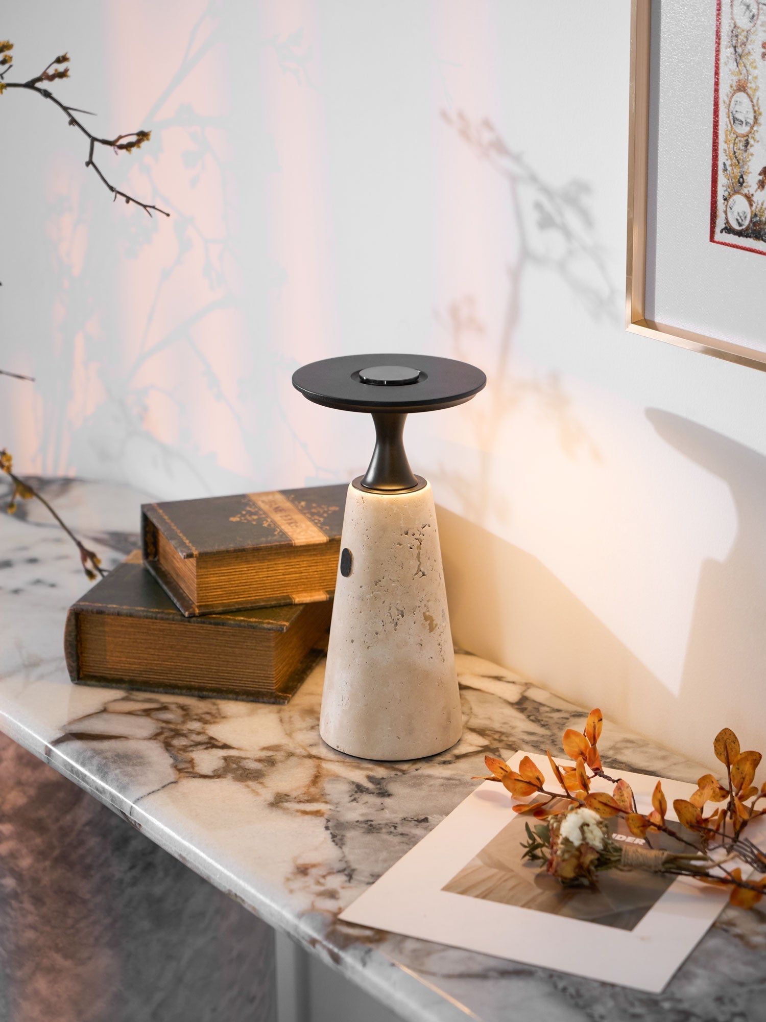 Vespera Sculptural Travertine Table Lamp-Neutral Decor