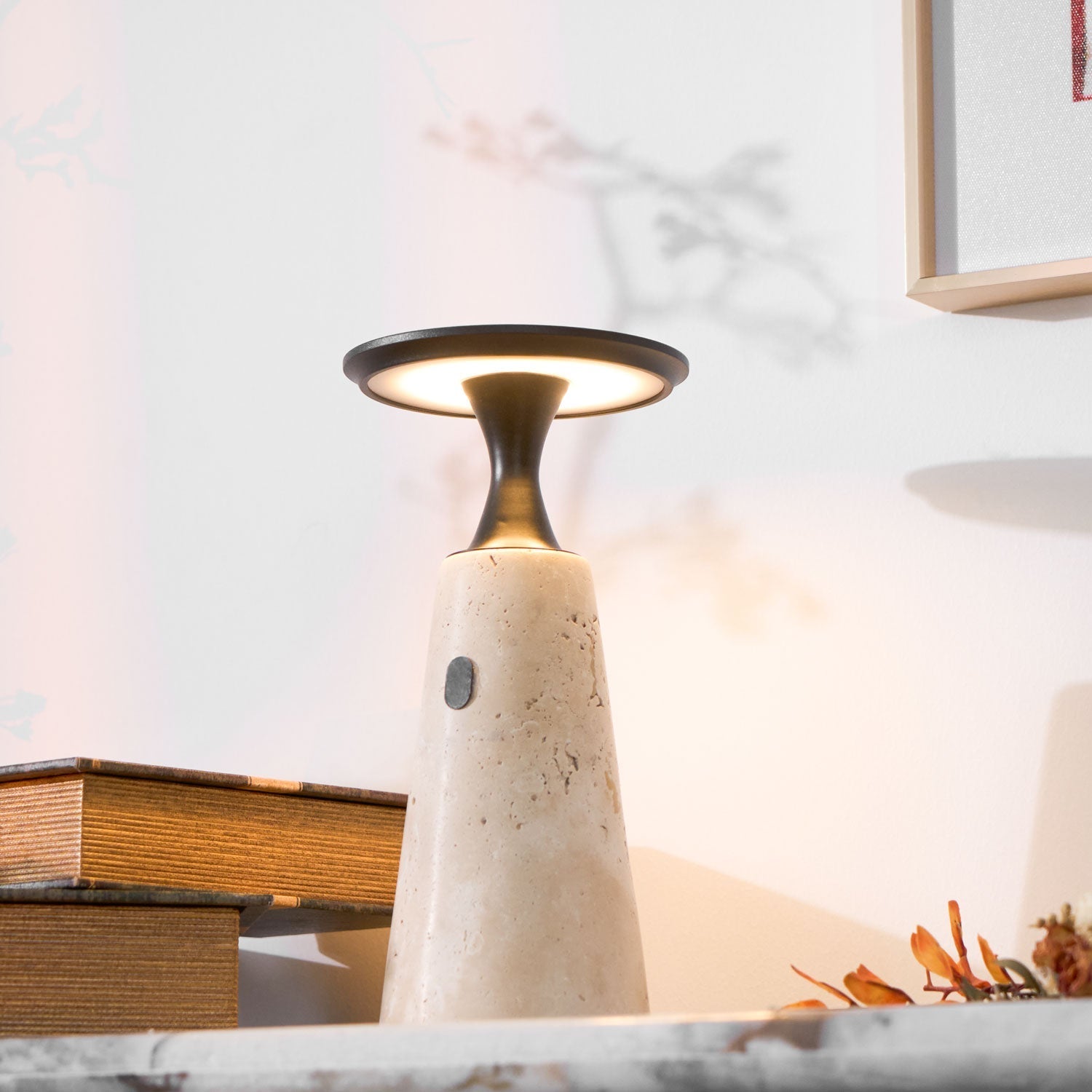Vespera Sculptural Travertine Table Lamp-Neutral Decor