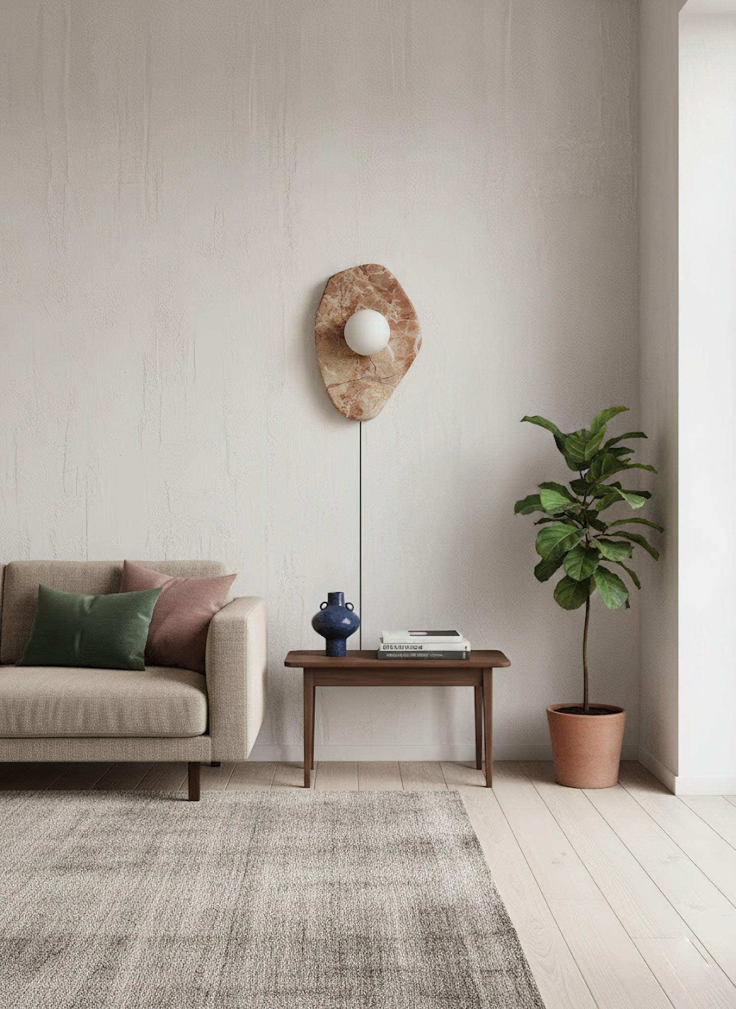 Close-up of the textured marble bracket and frosted glass diffuser.