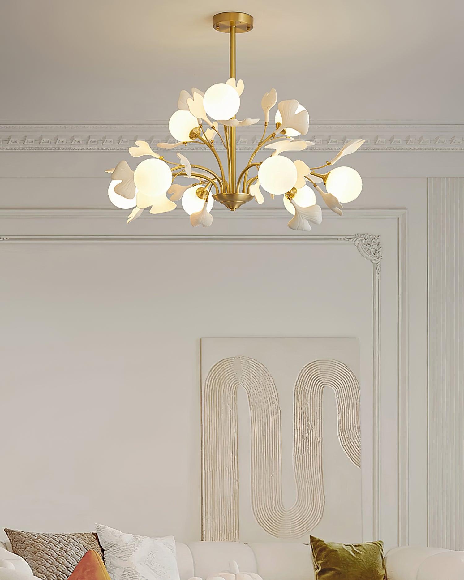 Dorvel Chandelier Ginkgo Leaf Brass Ceramic Glass-Neutral Decor