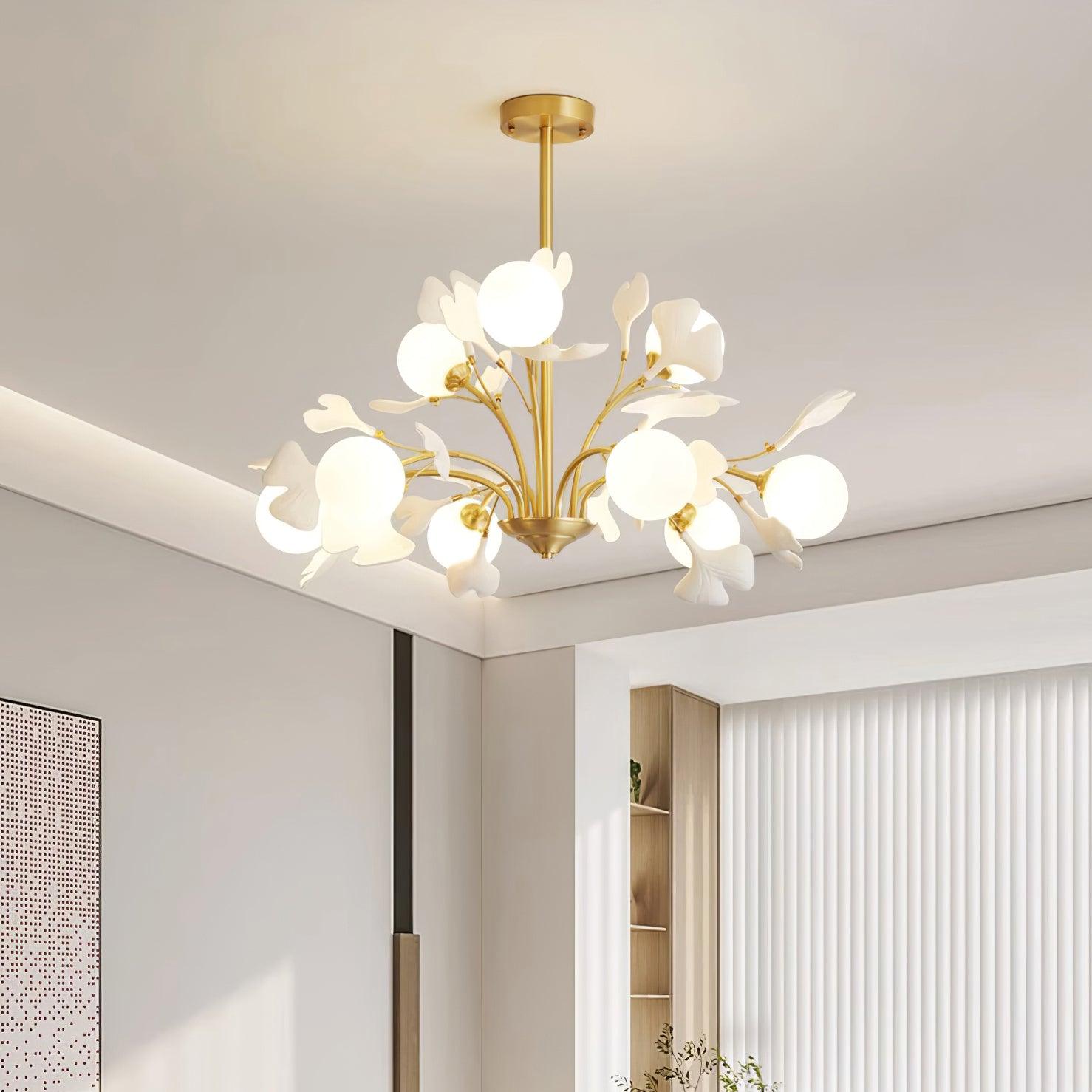 Dorvel Chandelier Ginkgo Leaf Brass Ceramic Glass-Neutral Decor