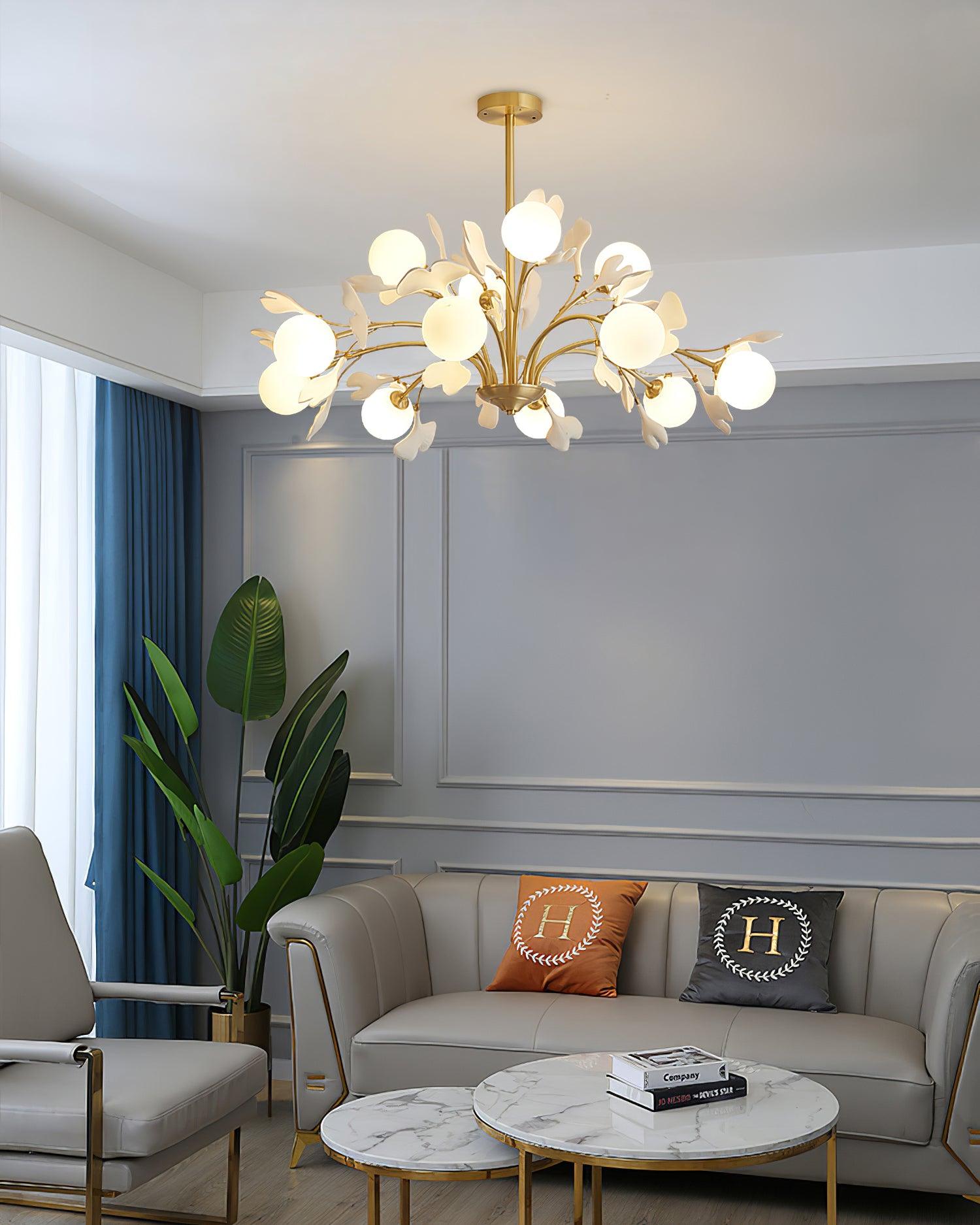 Dorvel Chandelier Ginkgo Leaf Brass Ceramic Glass-Neutral Decor