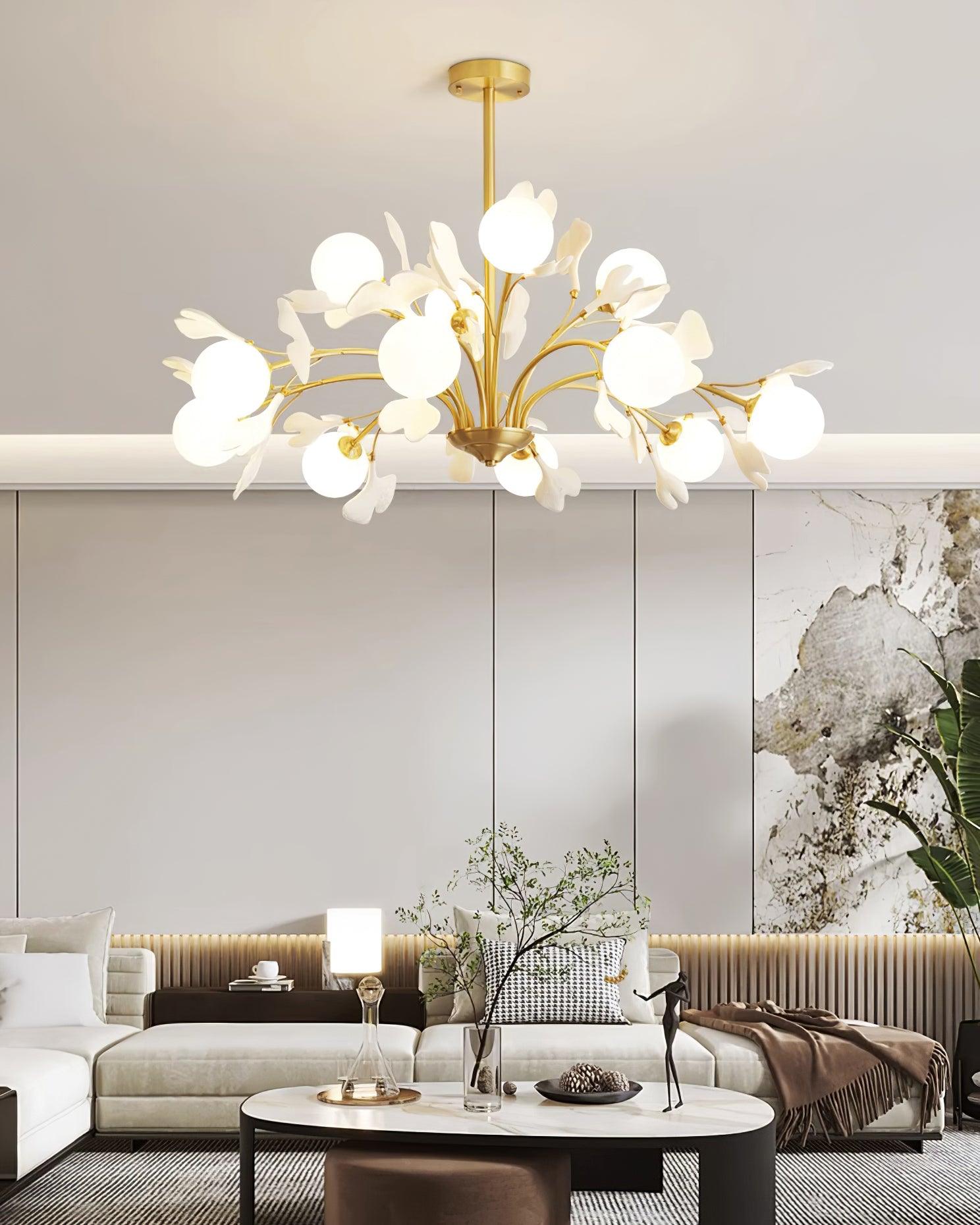 Dorvel Chandelier Ginkgo Leaf Brass Ceramic Glass-Neutral Decor
