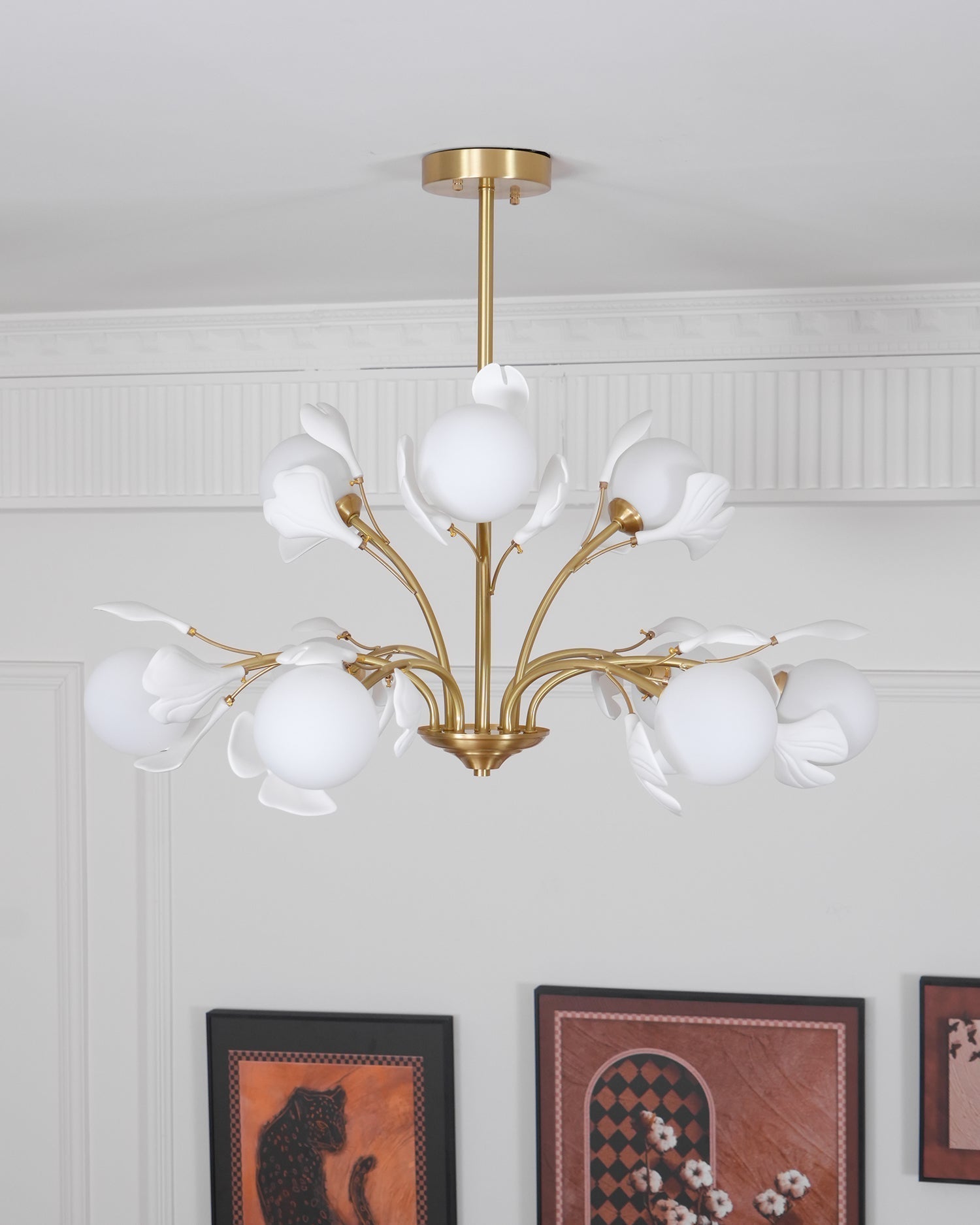 Dorvel Chandelier Ginkgo Leaf Brass Ceramic Glass-Neutral Decor