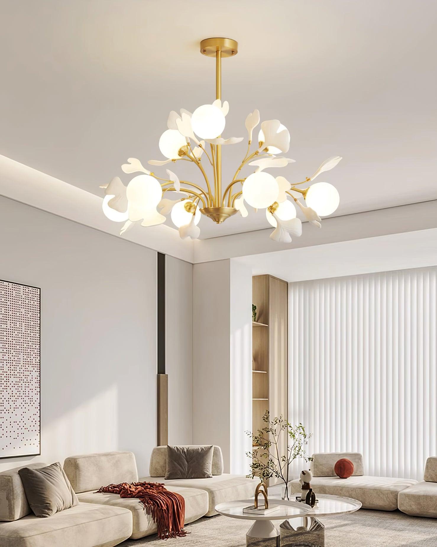 Dorvel Chandelier Ginkgo Leaf Brass Ceramic Glass-Neutral Decor
