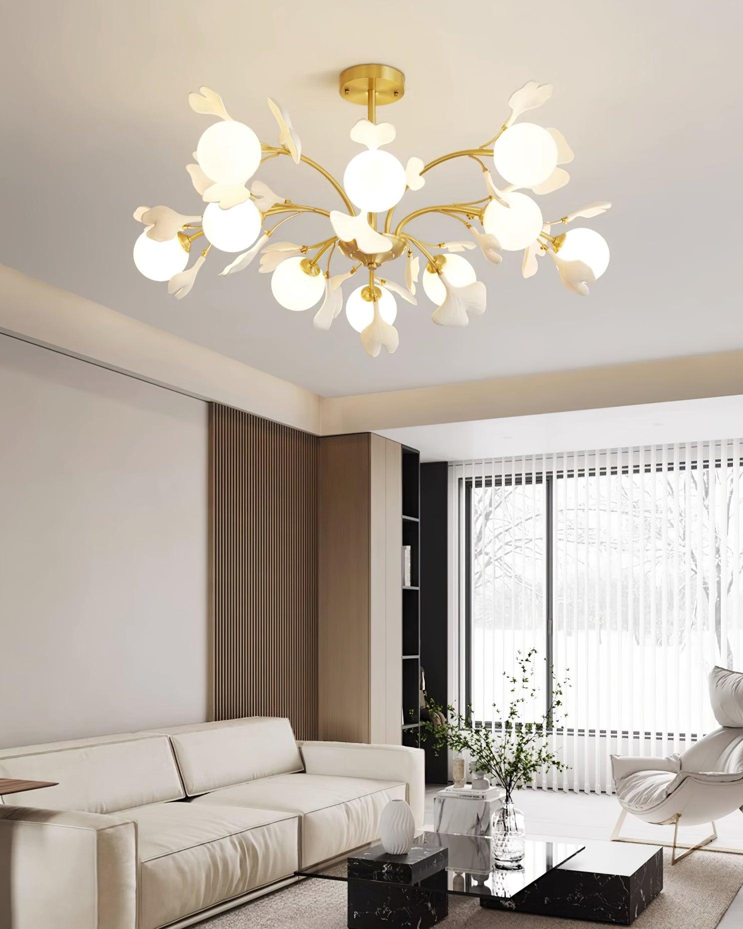 Dorvel Chandelier Ginkgo Leaf Brass Ceramic Glass-Neutral Decor