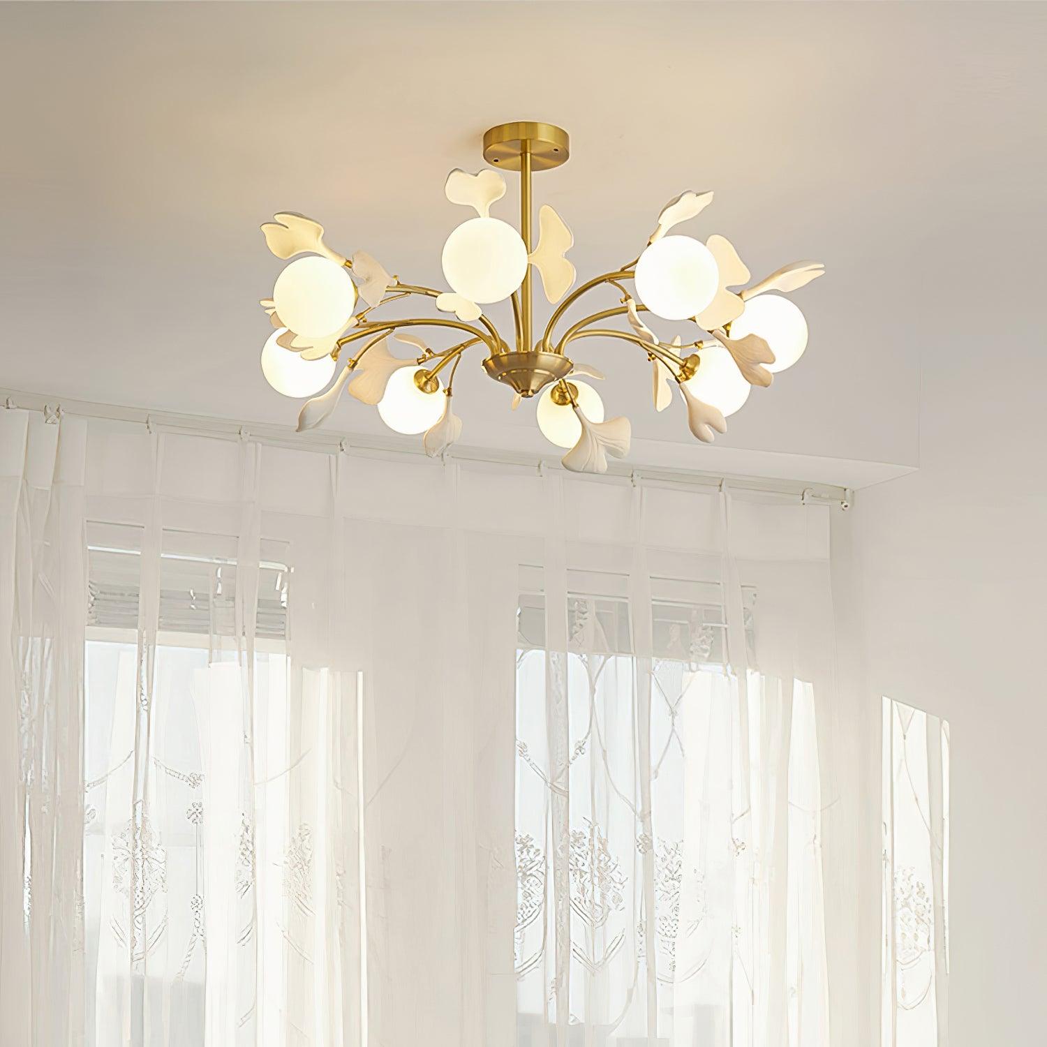 Dorvel Chandelier Ginkgo Leaf Brass Ceramic Glass-Neutral Decor