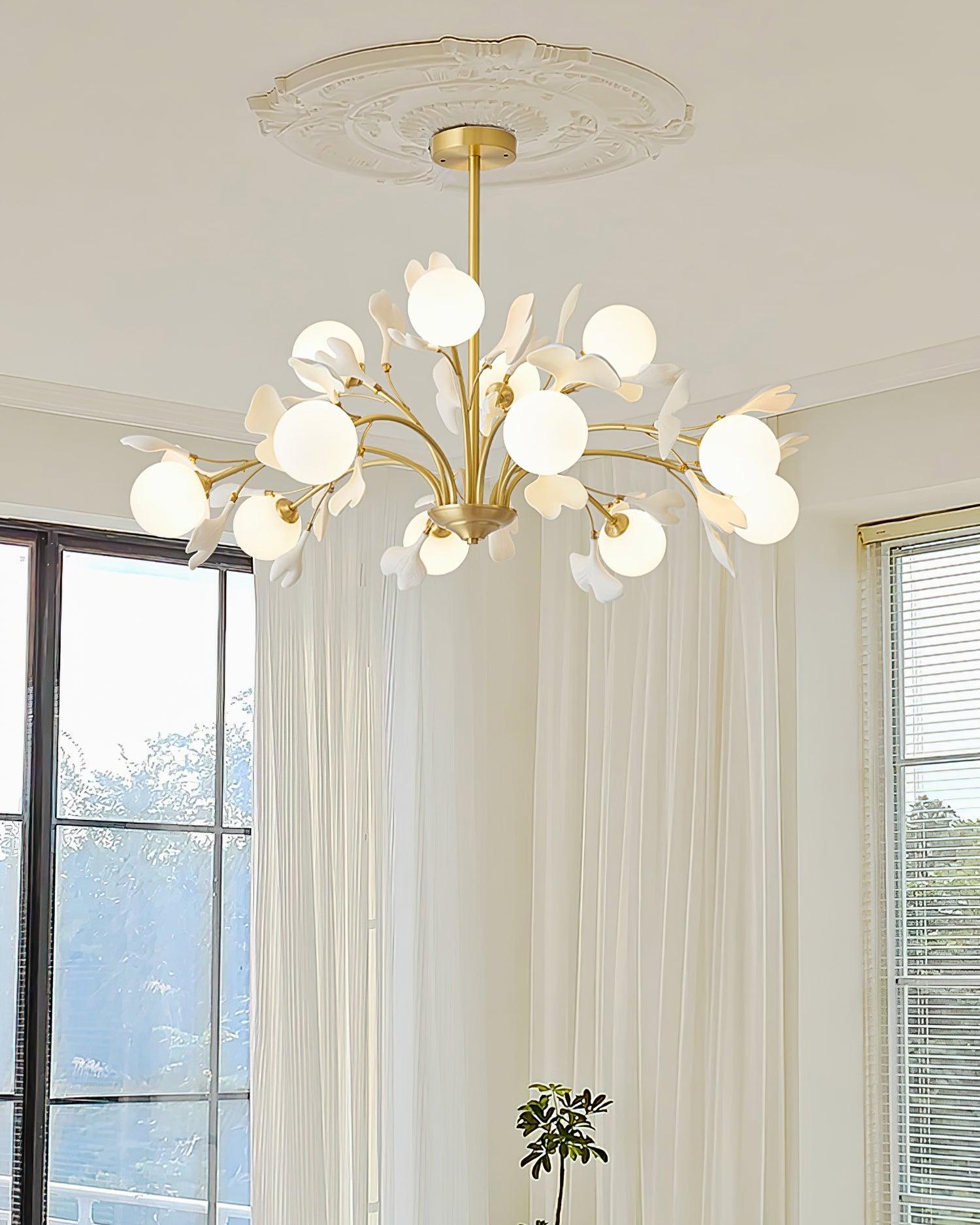 Dorvel Chandelier Ginkgo Leaf Brass Ceramic Glass-Neutral Decor