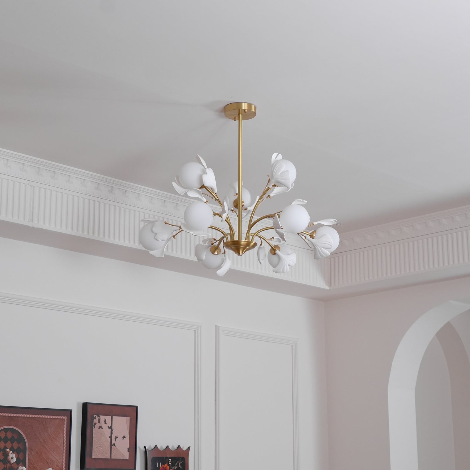 Dorvel Chandelier Ginkgo Leaf Brass Ceramic Glass-Neutral Decor