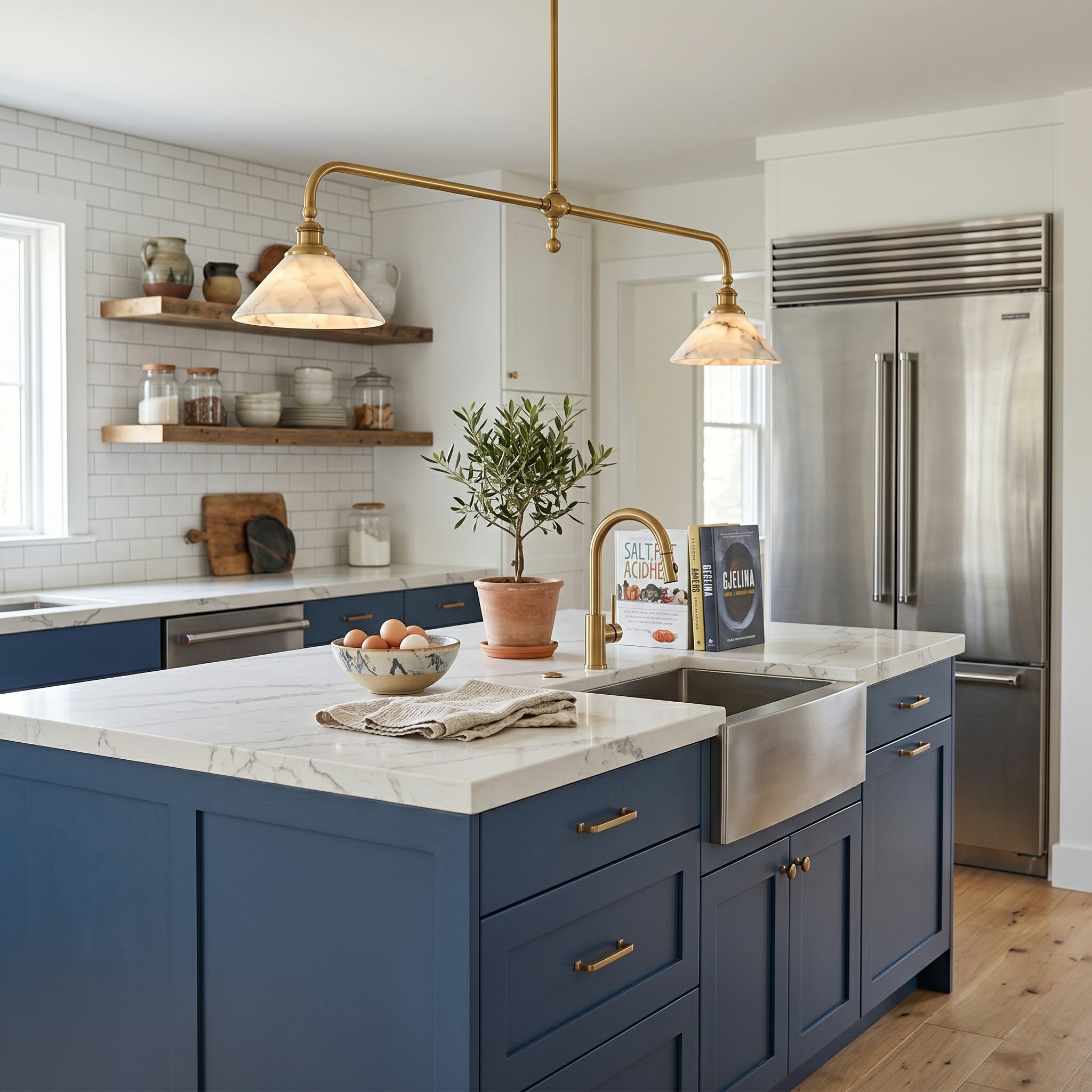 Lifestyle image of the pendant light over a kitchen island with bar stools.