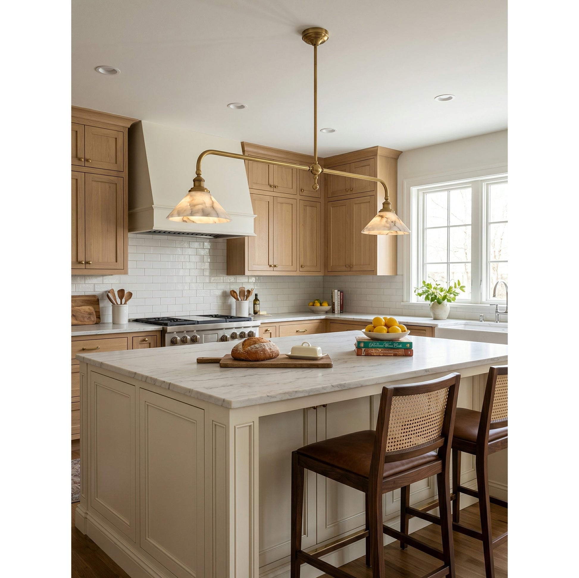 The pendant light in a transitional style home, blending modern and classic elements.