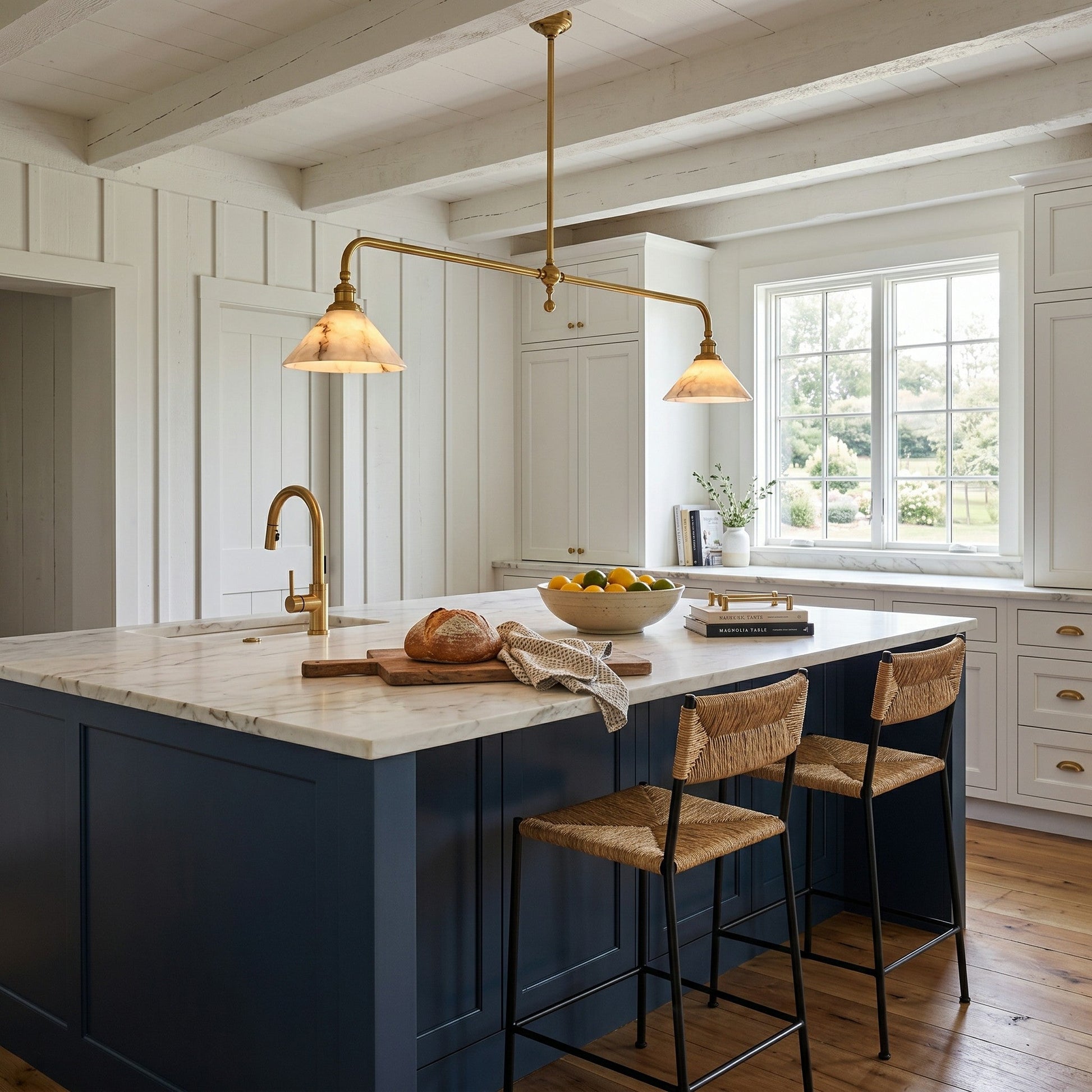 Detailed view of the brass body and hardware of the pendant light.