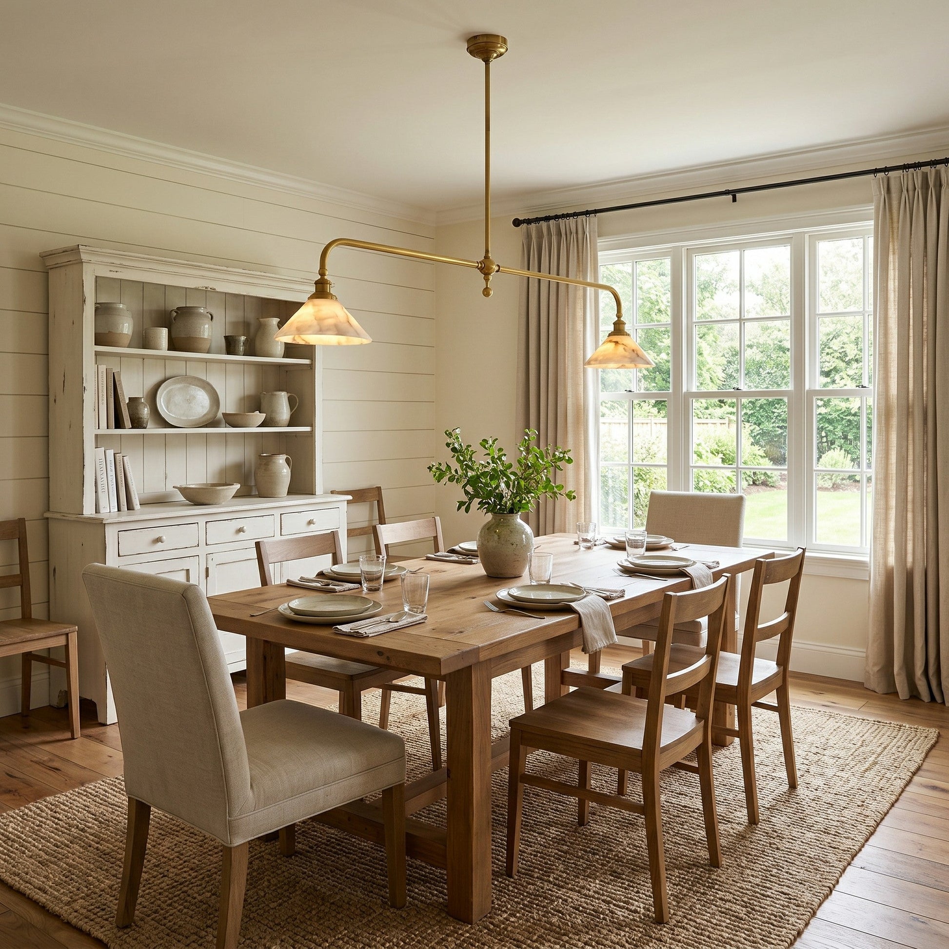 Thetford pendant light illuminating a contemporary dining room table.