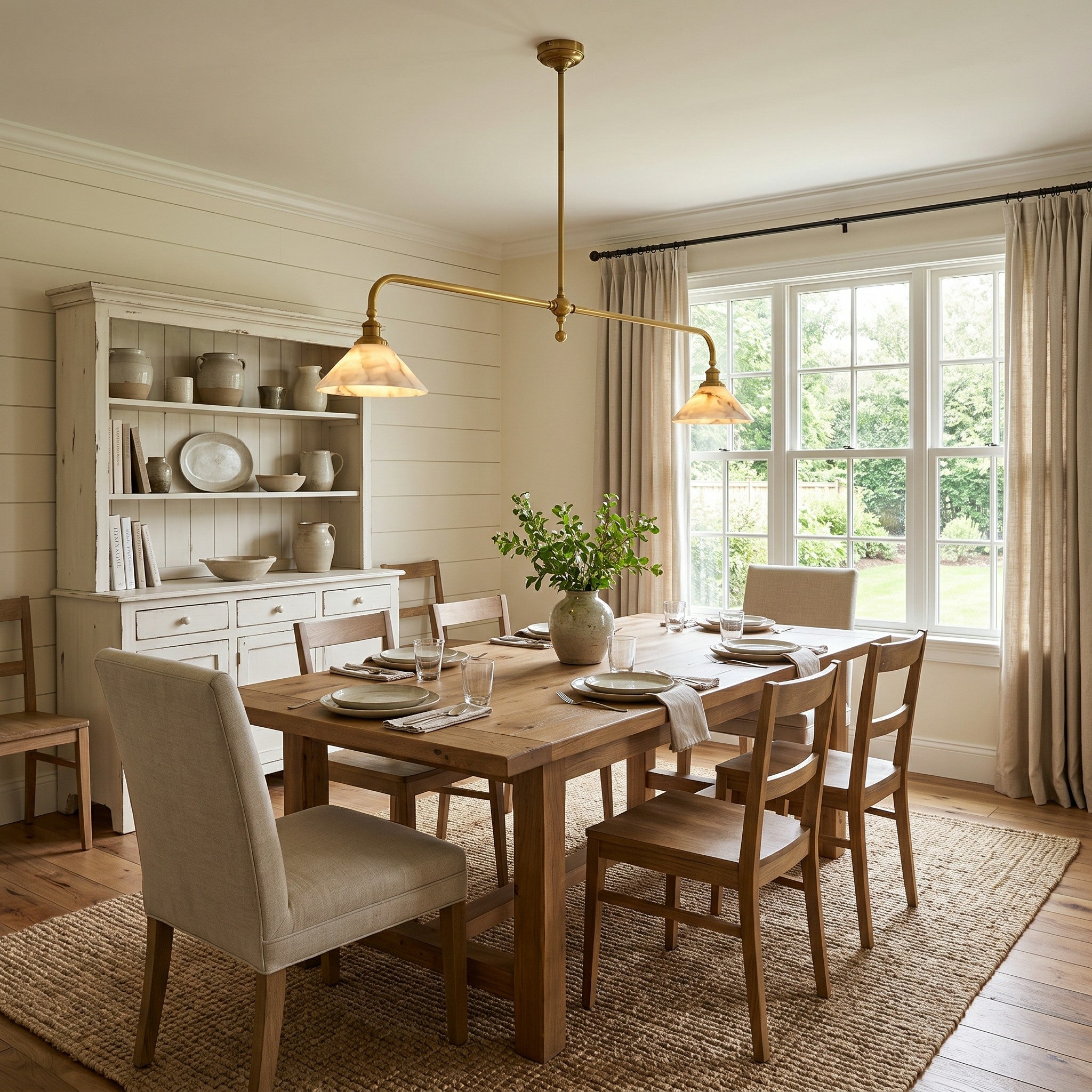 Thetford pendant light illuminating a contemporary dining room table.