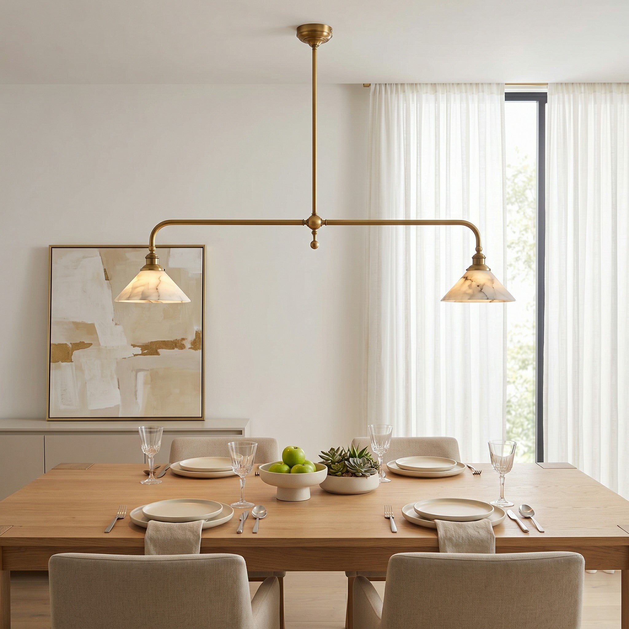 The pendant light turned on, casting a warm and inviting glow.