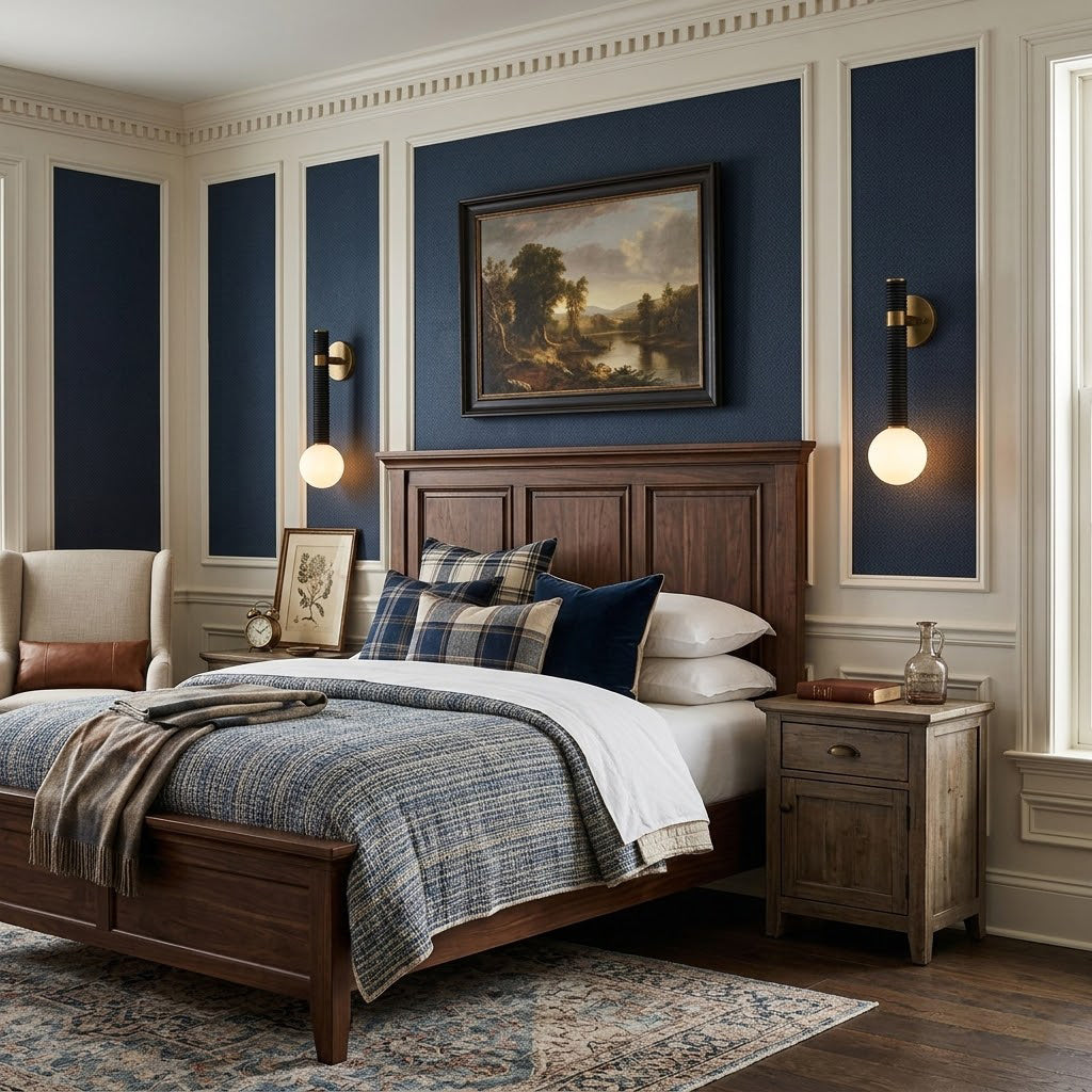Lifestyle image of the Threadline sconce installed next to a bedside table.