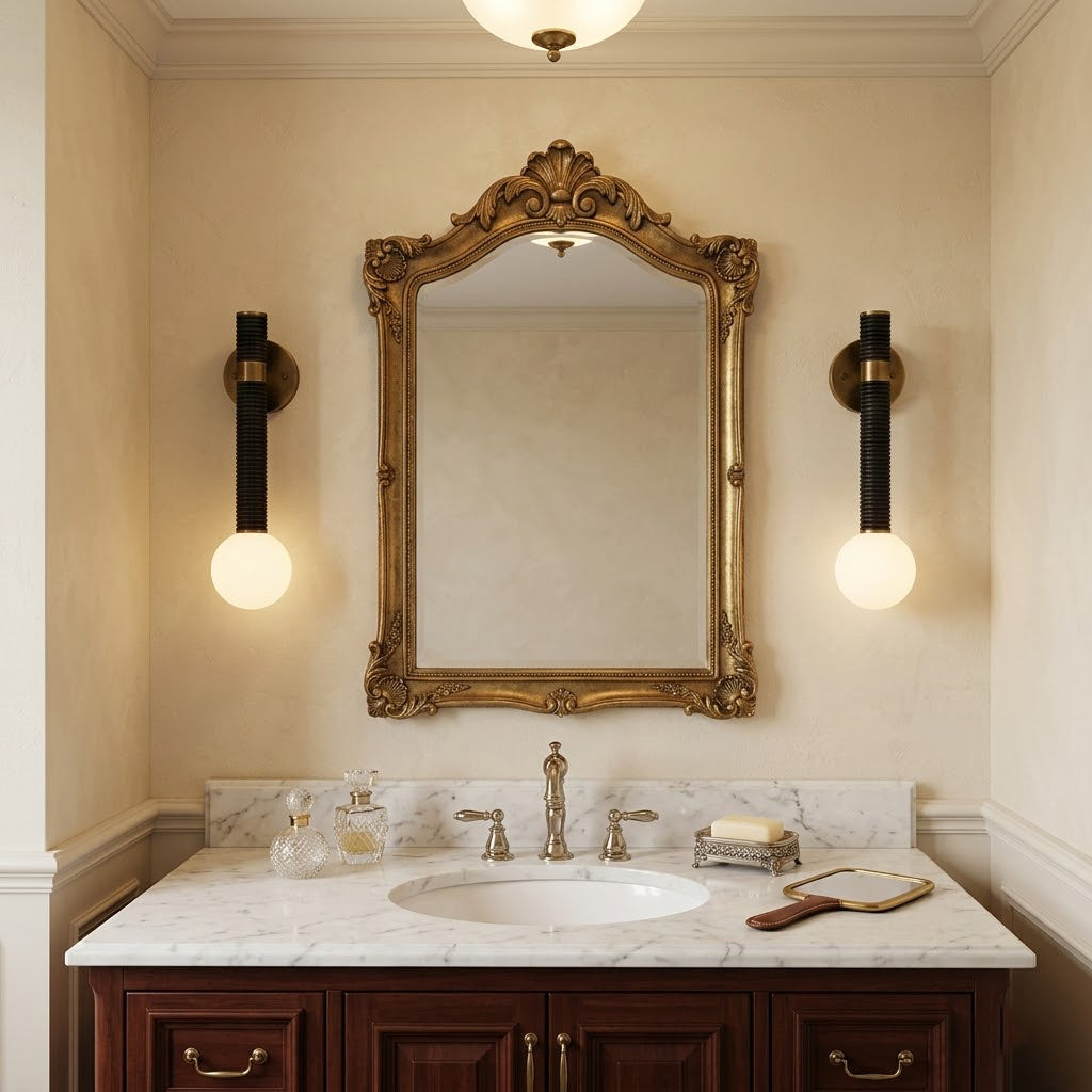 The Threadline Globe Wall Sconce shown illuminated in a modern hallway.