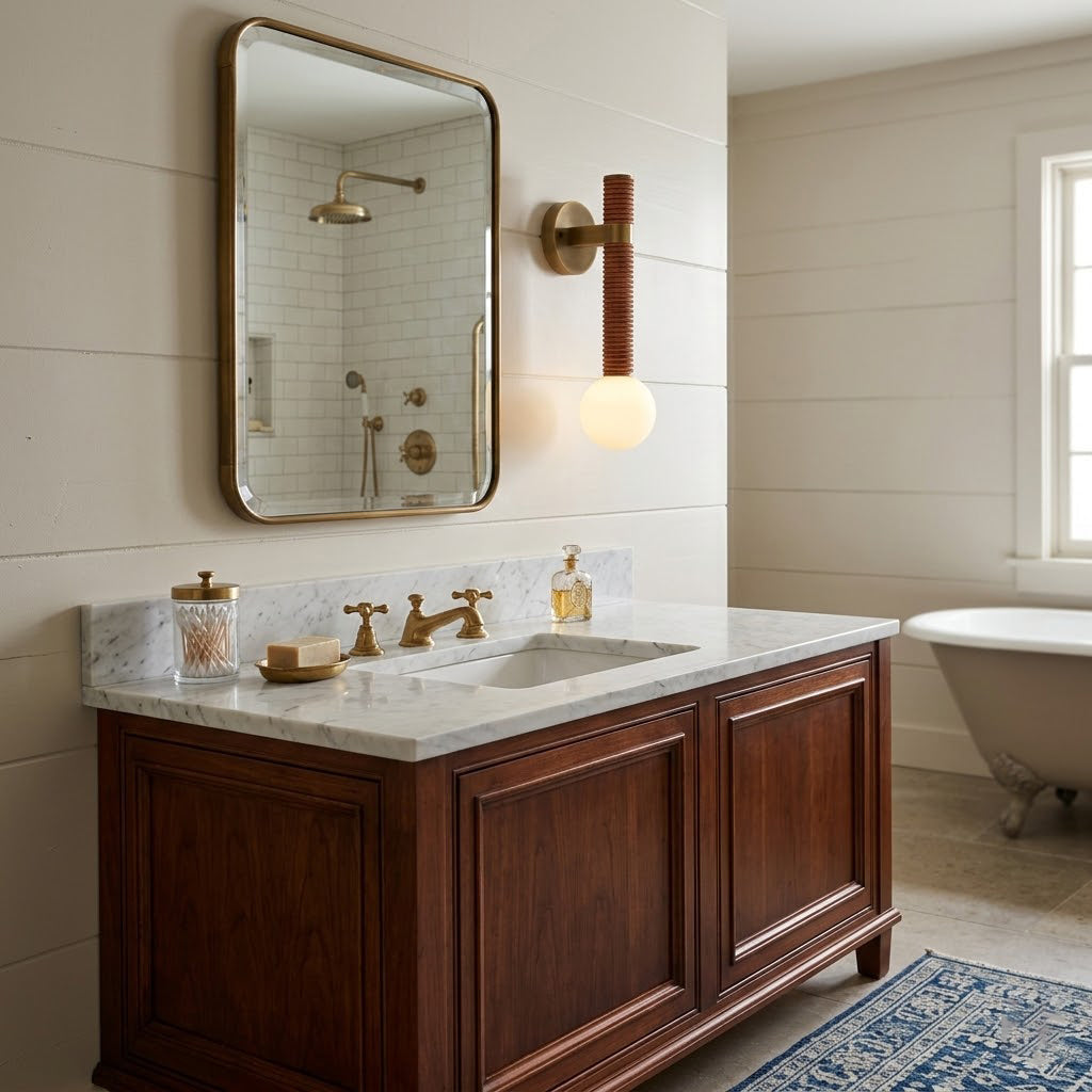 The Threadline sconce with a brown leather finish against a neutral wall.