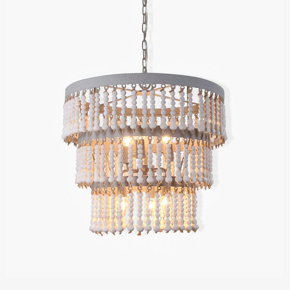 Lustra Chandelier Three Tiered Wood Beaded-Neutral Decor