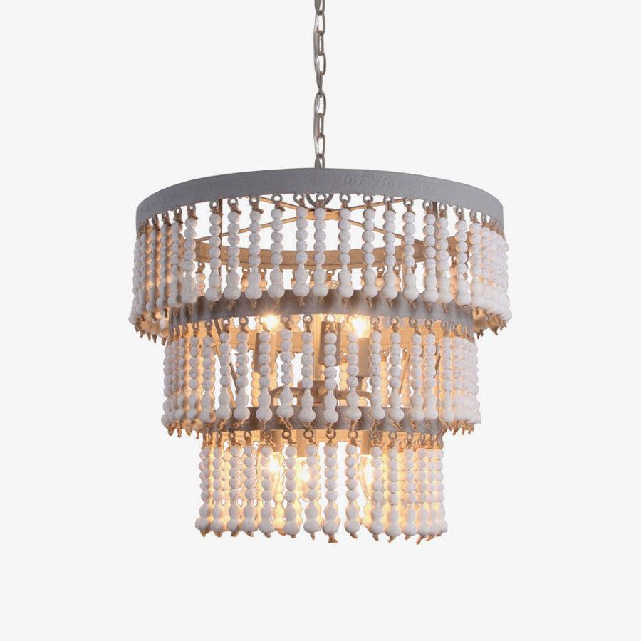 Lustra Chandelier Three Tiered Wood Beaded-Neutral Decor