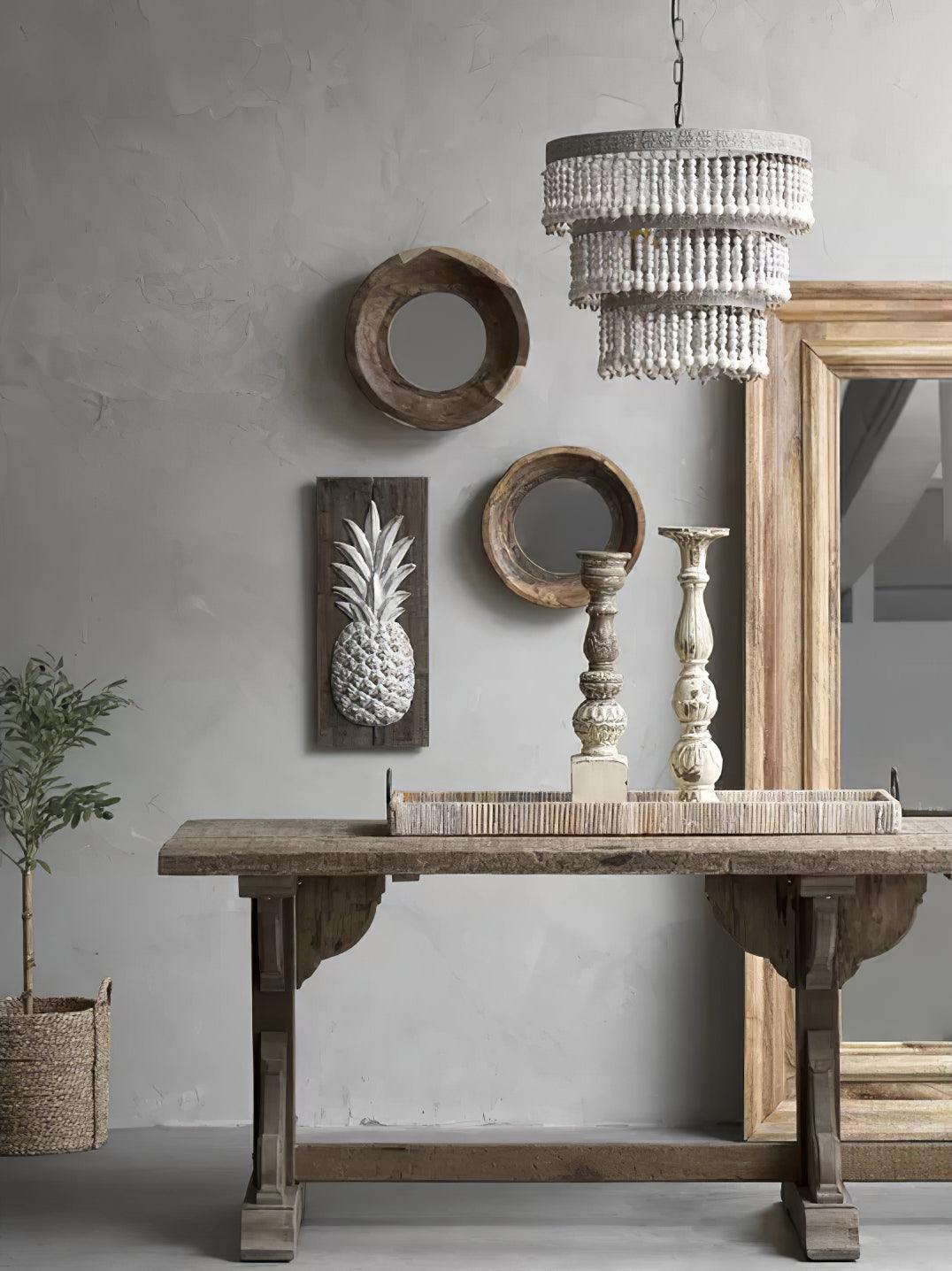 Lustra Chandelier Three Tiered Wood Beaded-Neutral Decor
