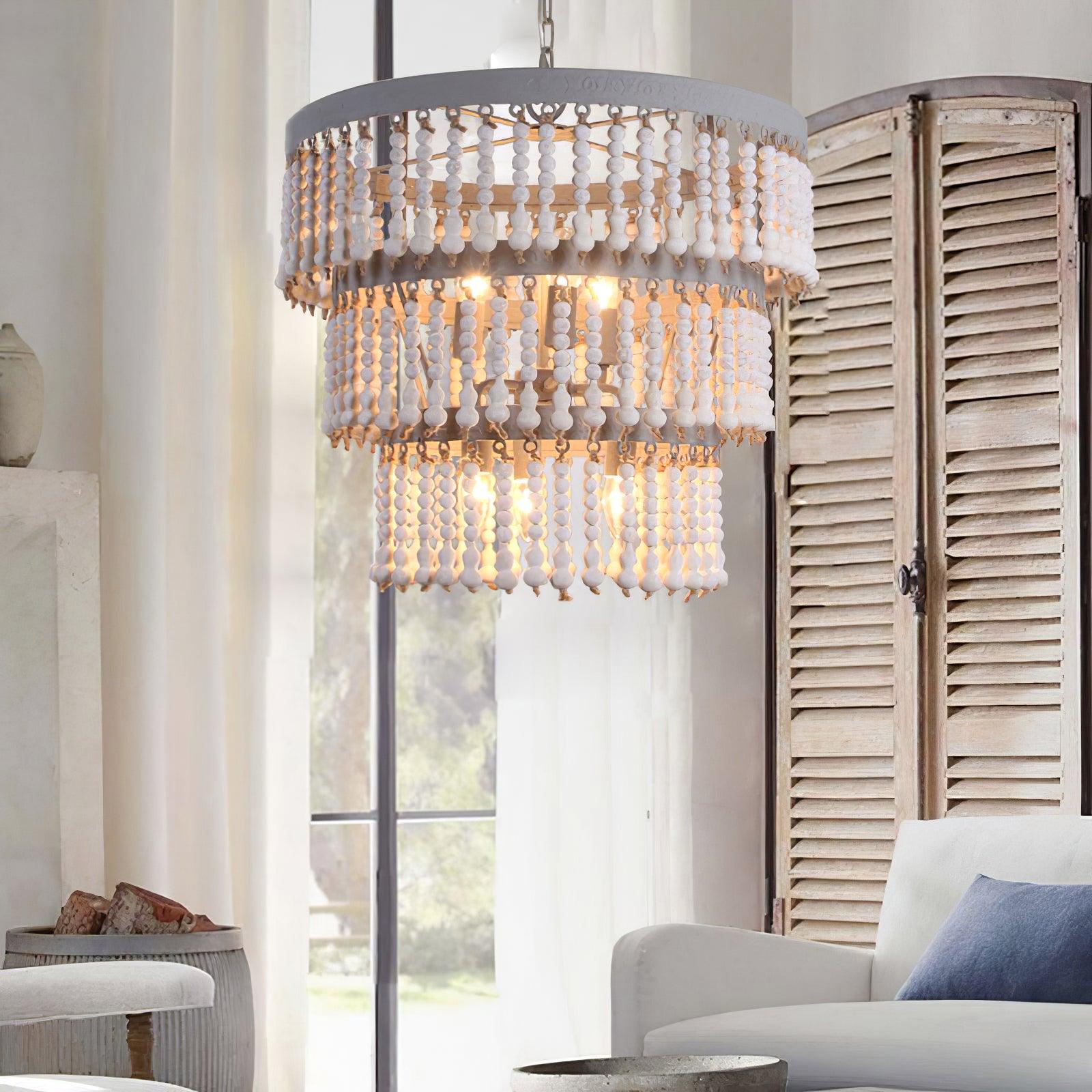 Lustra Chandelier Three Tiered Wood Beaded-Neutral Decor