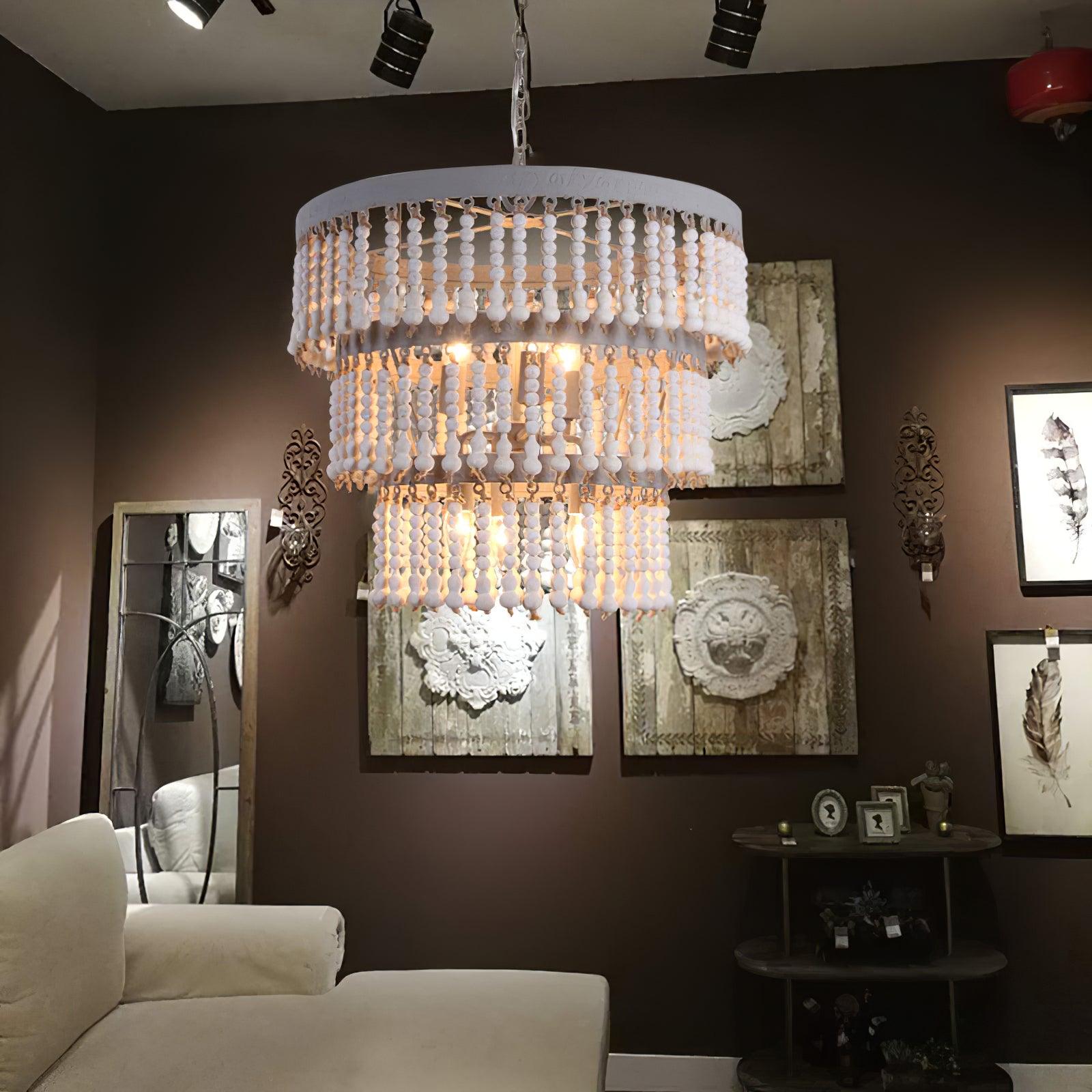 Lustra Chandelier Three Tiered Wood Beaded-Neutral Decor