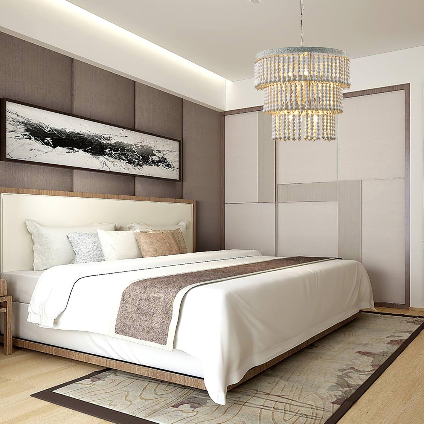 Lustra Chandelier Three Tiered Wood Beaded-Neutral Decor