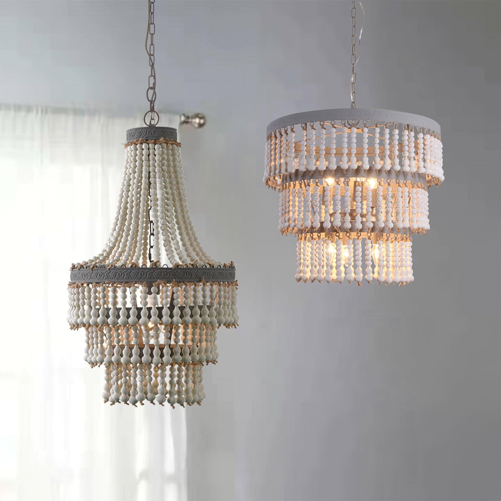 Lustra Chandelier Three Tiered Wood Beaded-Neutral Decor