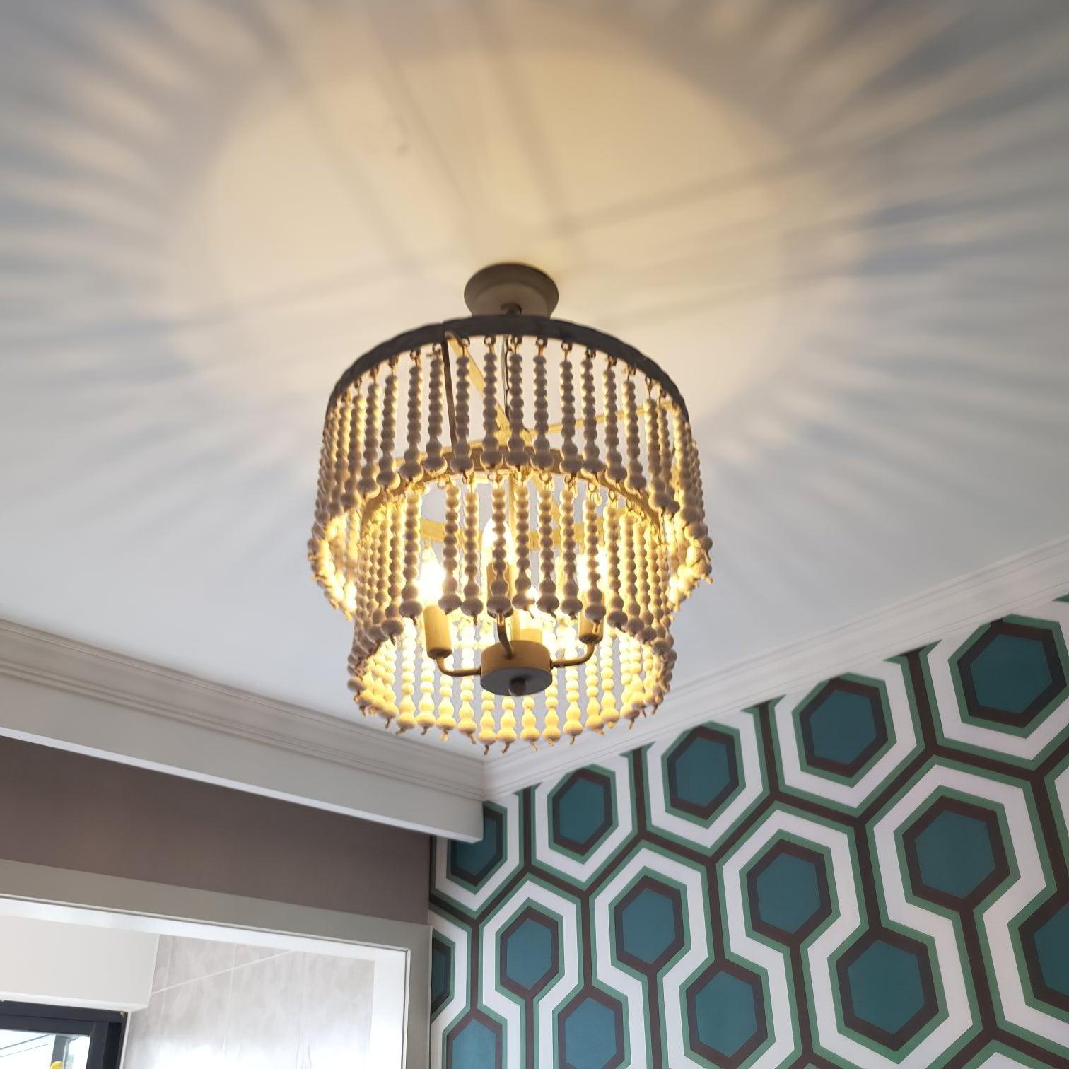 Lustra Chandelier Three Tiered Wood Beaded-Neutral Decor