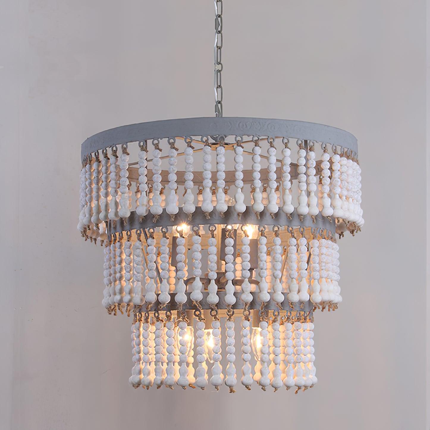 Lustra Chandelier Three Tiered Wood Beaded-Neutral Decor
