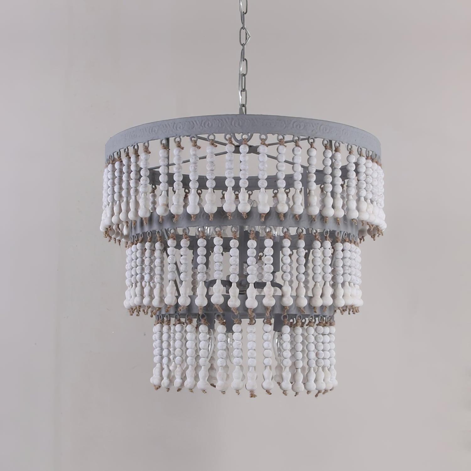 Lustra Chandelier Three Tiered Wood Beaded-Neutral Decor