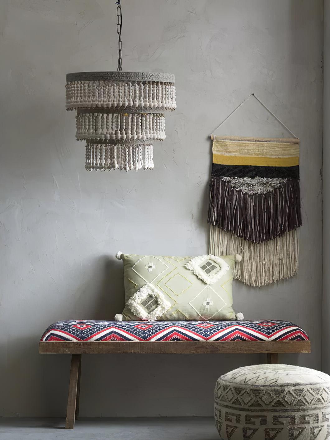 Lustra Chandelier Three Tiered Wood Beaded-Neutral Decor