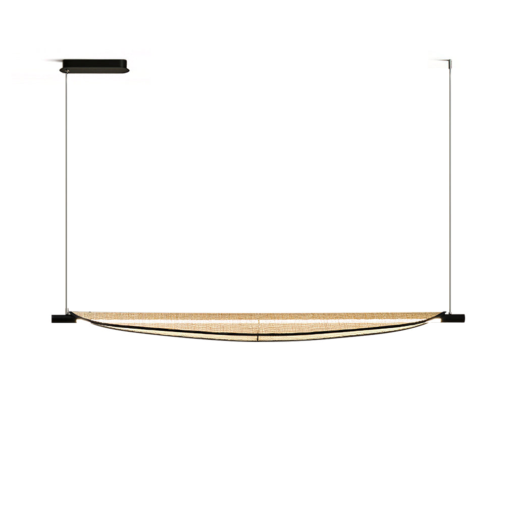 Thula Linear Chandelier hanging over a modern dining table.