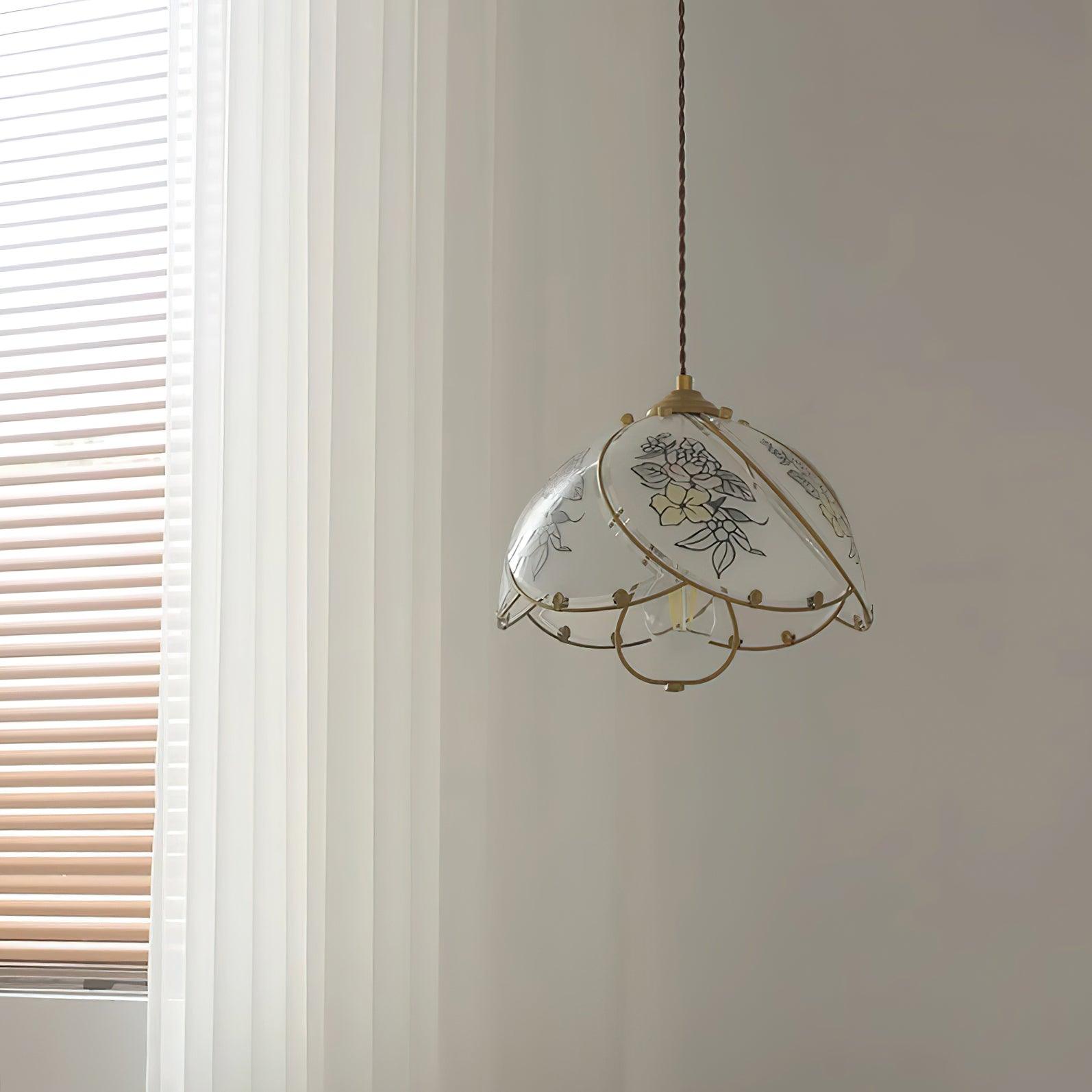 Pendant Lamp Glass Petal Shade Metal Frame Vintage