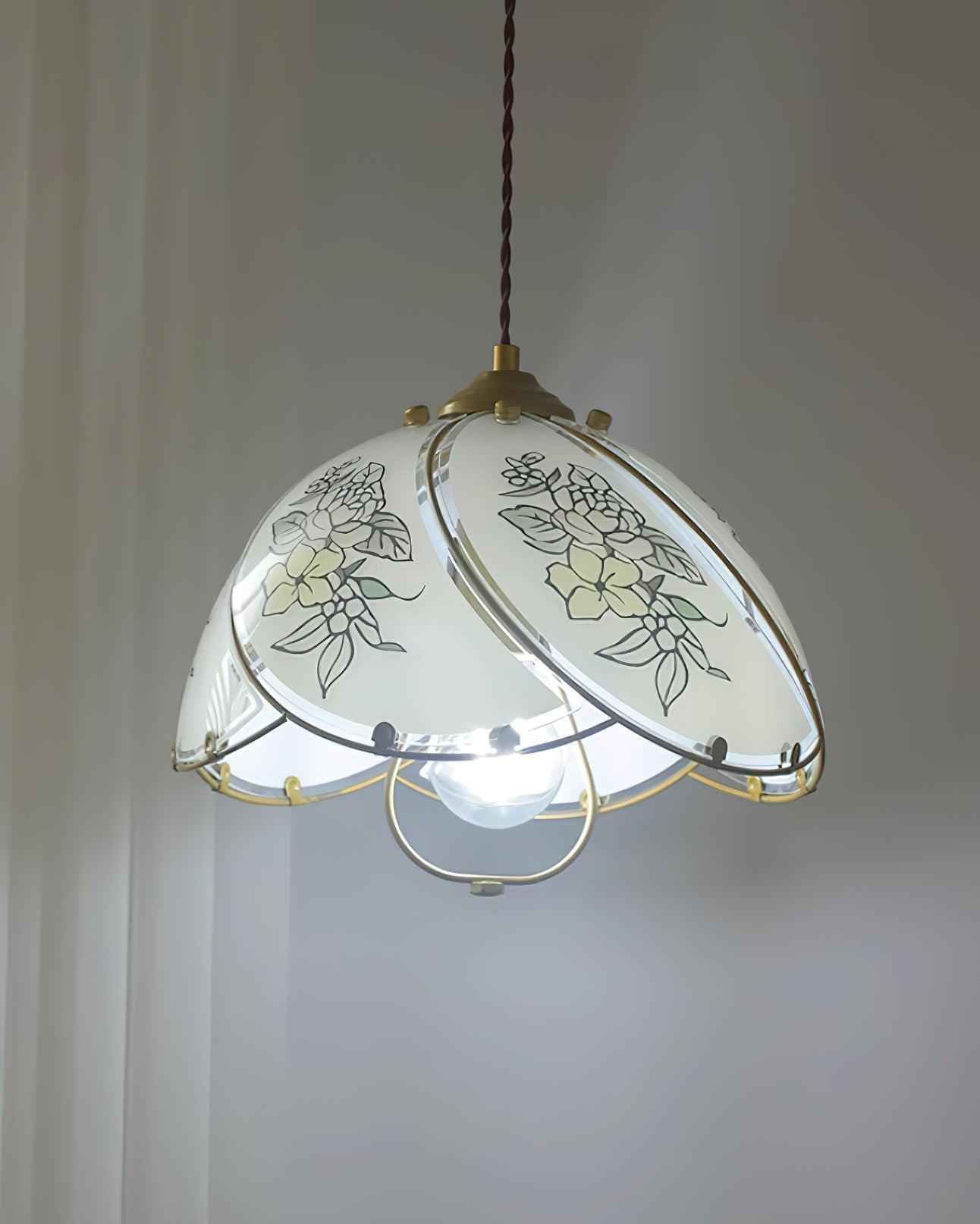 Pendant Lamp Glass Petal Shade Metal Frame Vintage