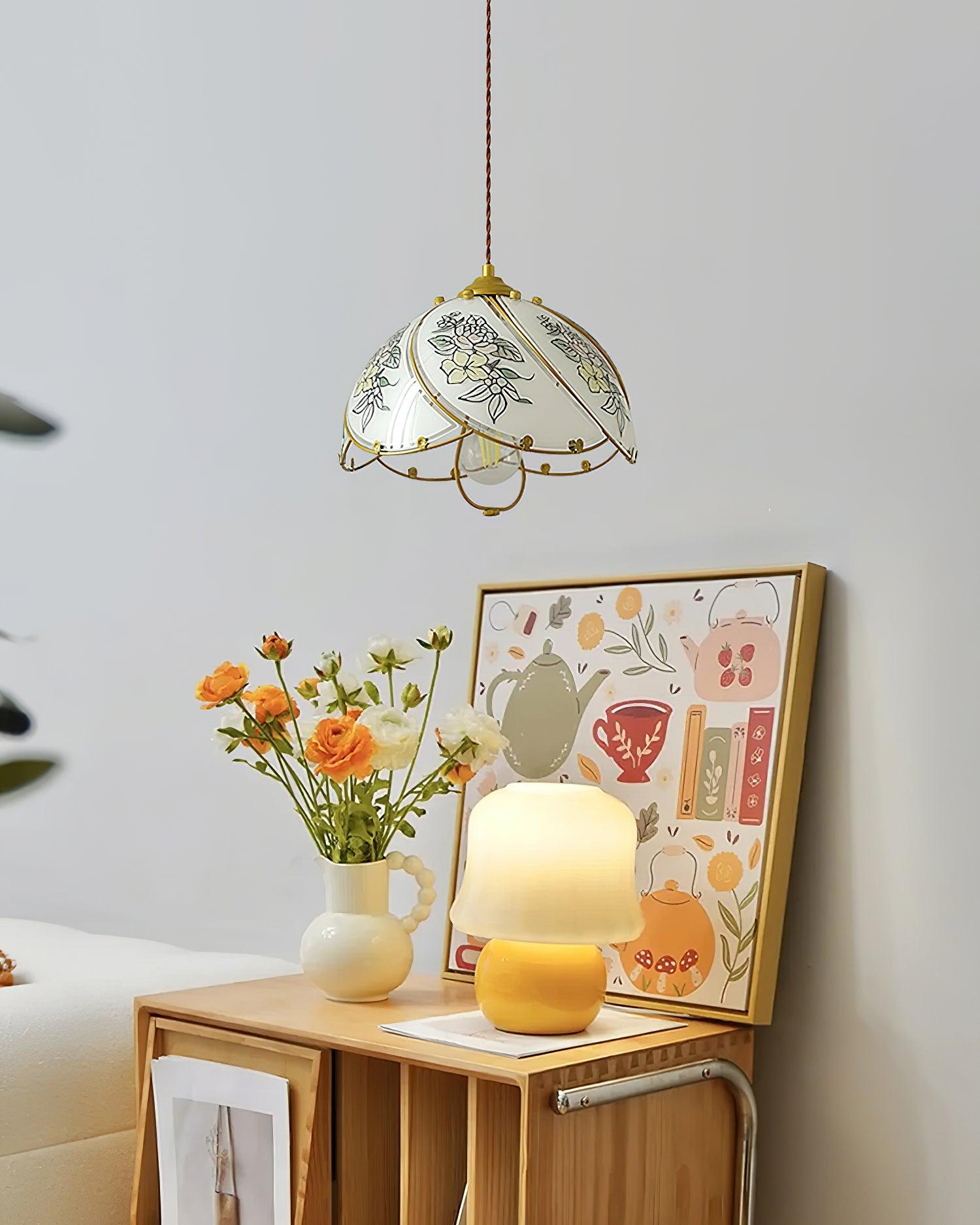 Pendant Lamp Glass Petal Shade Metal Frame Vintage