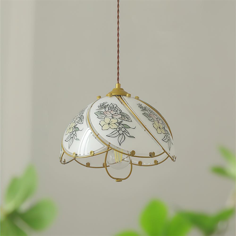 Pendant Lamp Glass Petal Shade Metal Frame Vintage