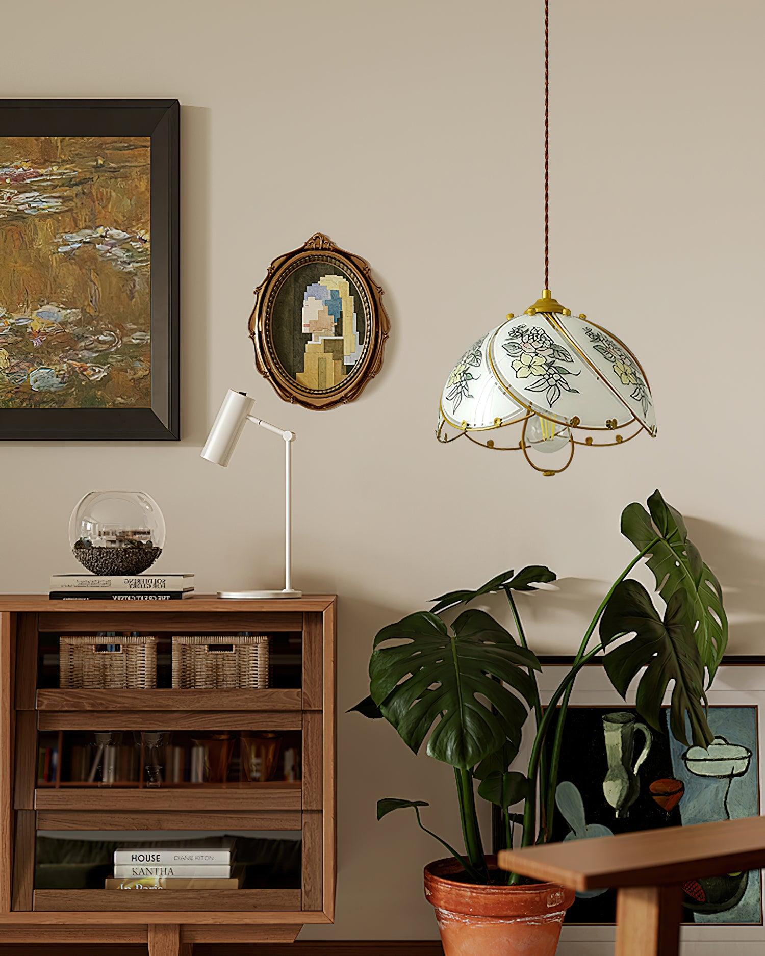 Pendant Lamp Glass Petal Shade Metal Frame Vintage