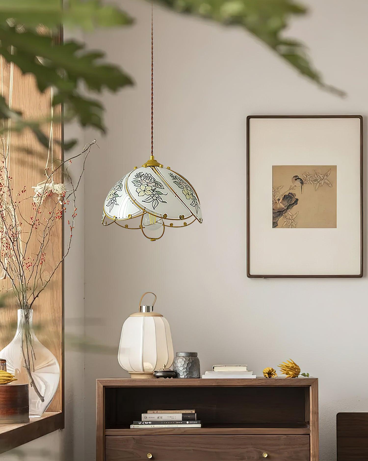 Pendant Lamp Glass Petal Shade Metal Frame Vintage