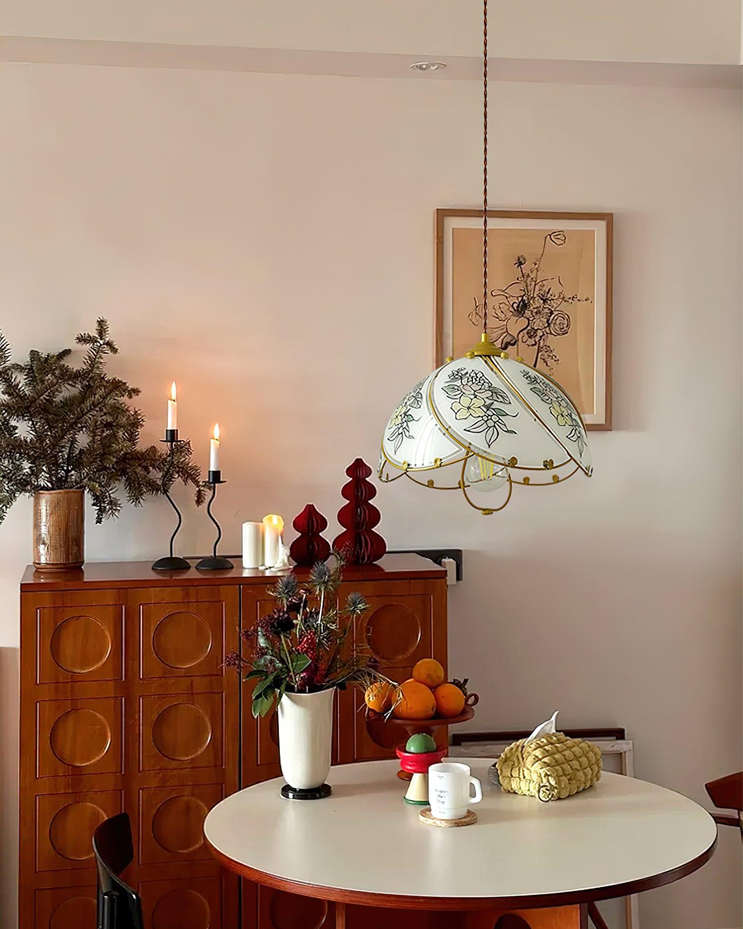 Pendant Lamp Glass Petal Shade Metal Frame Vintage