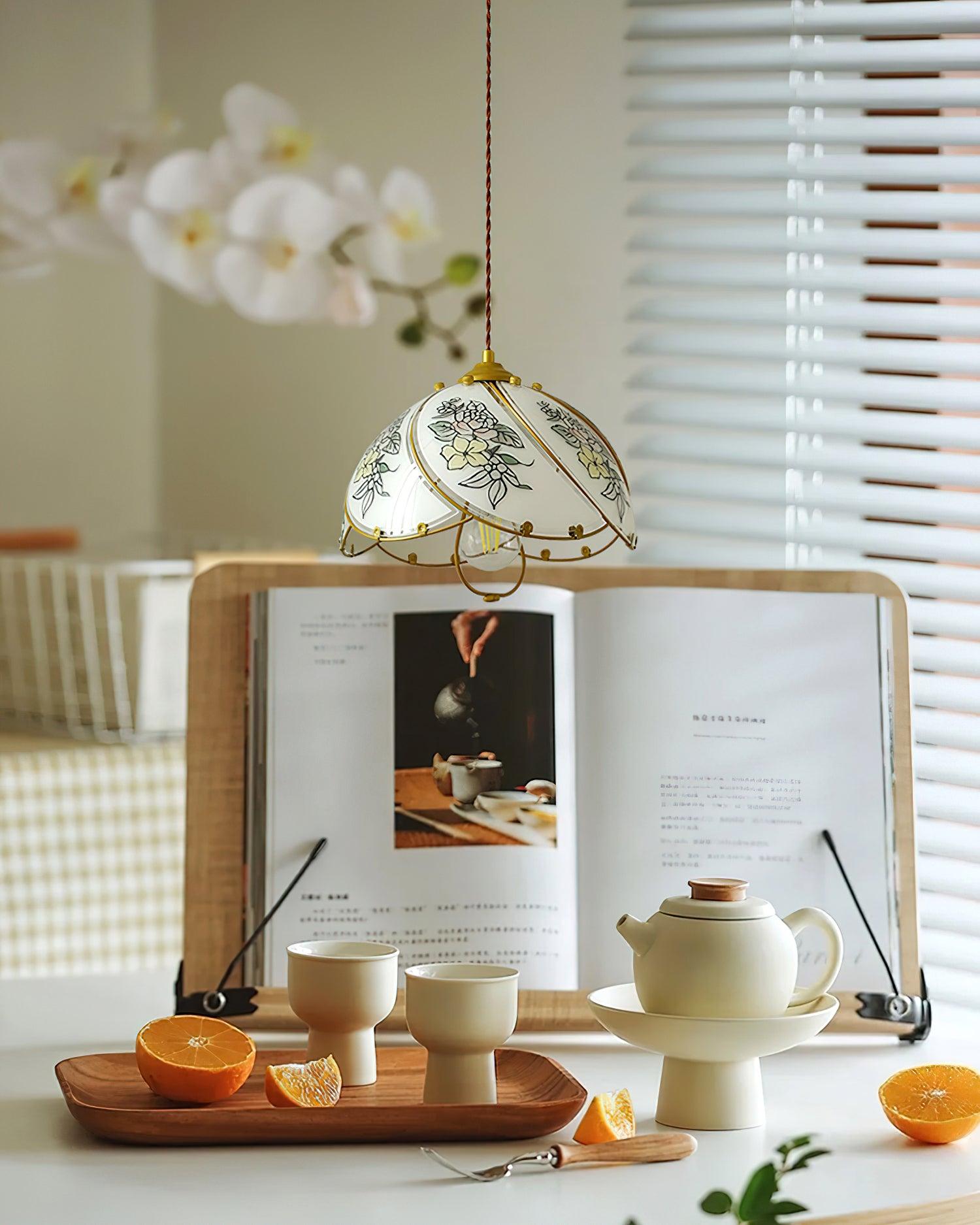 Pendant Lamp Glass Petal Shade Metal Frame Vintage