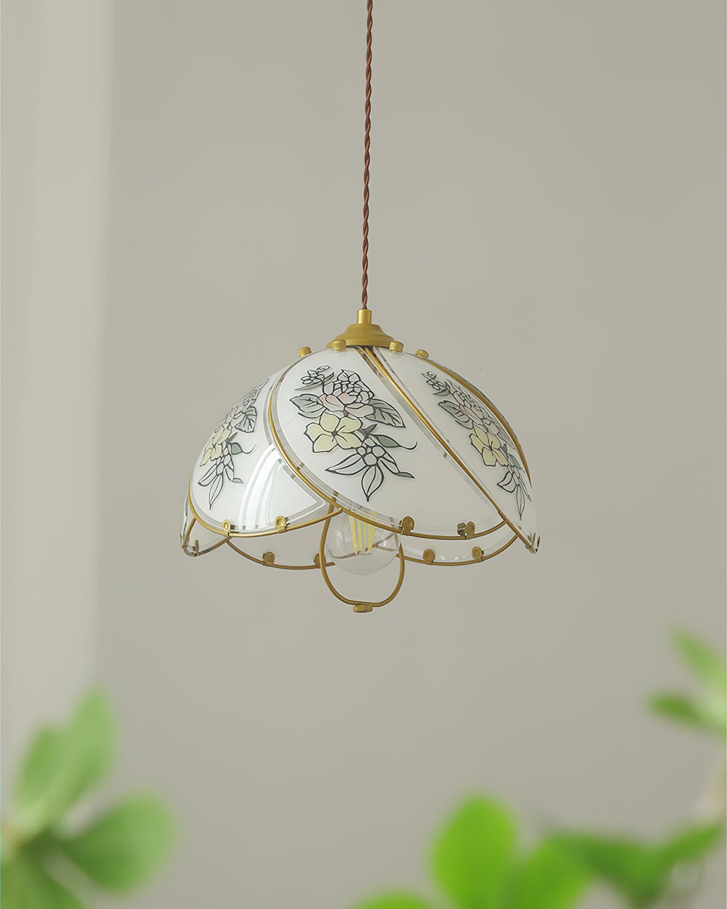 Pendant Lamp Glass Petal Shade Metal Frame Vintage