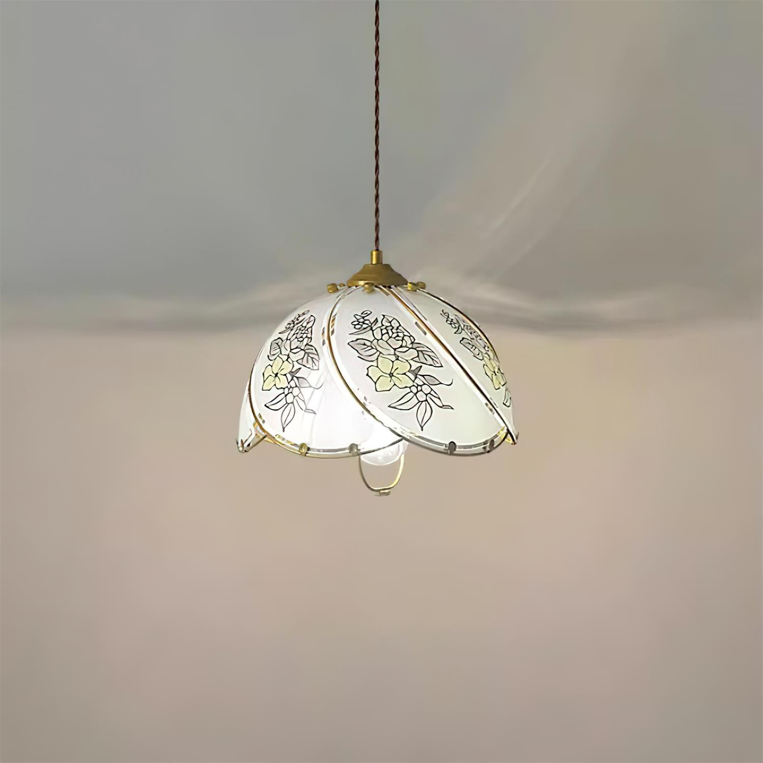 Pendant Lamp Glass Petal Shade Metal Frame Vintage