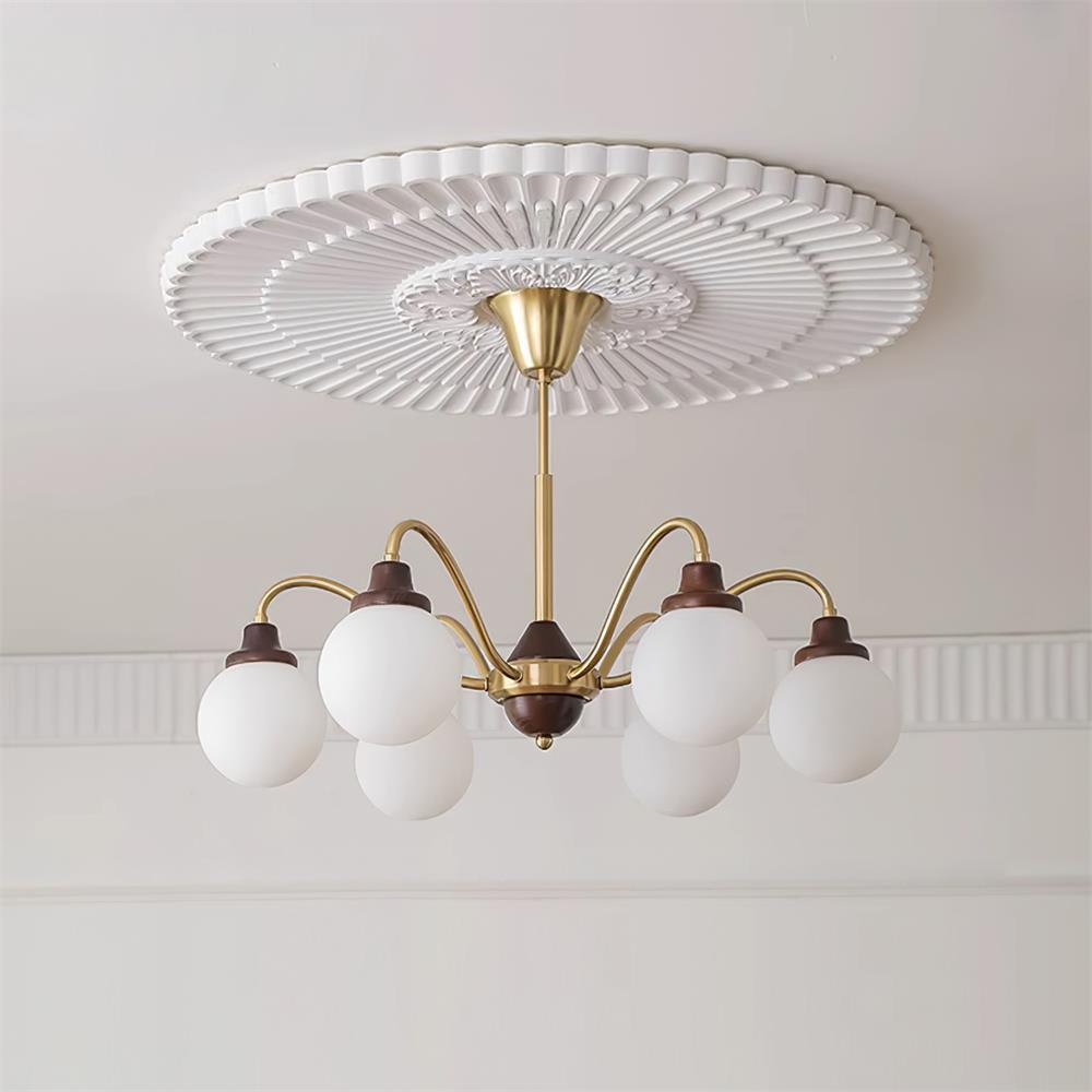 Chandelier Gold Arms&Ash Wood White Glass Globes Retro