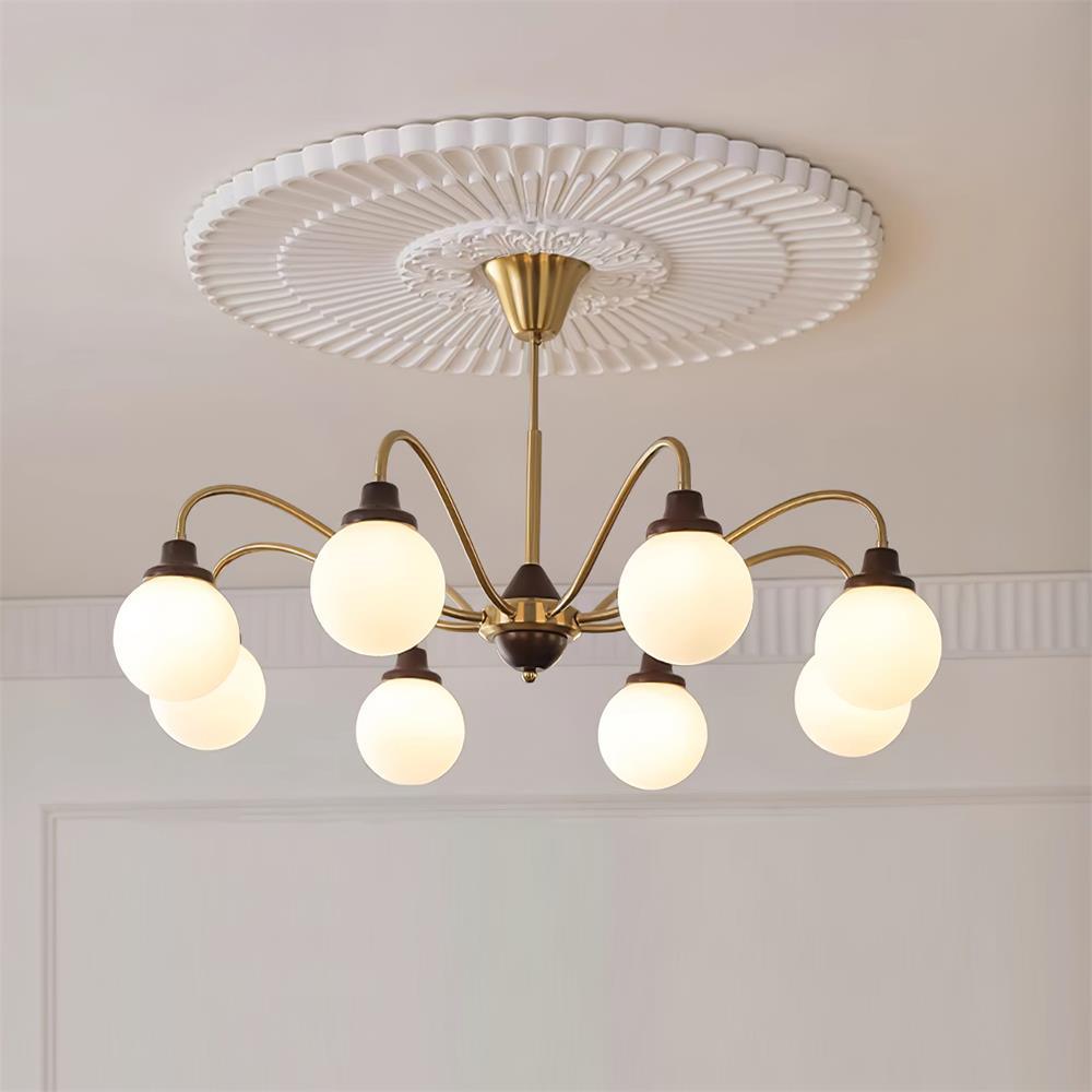 Chandelier Gold Arms&Ash Wood White Glass Globes Retro